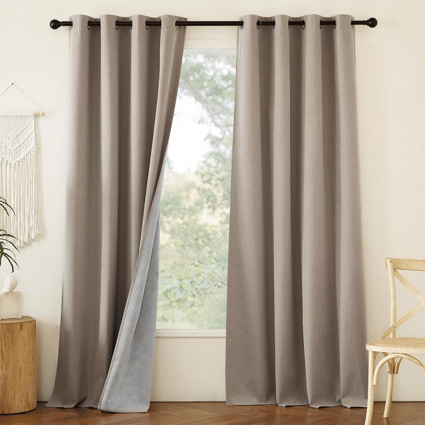 NICETOWN 100% Blackout Linen Faux Linen Curtains 95 inches Length for Dining Room, 2 Panels Set, 52" Wide, Farmhouse Style Room Cooling Window Draperies with Thermal Insulated Liners
