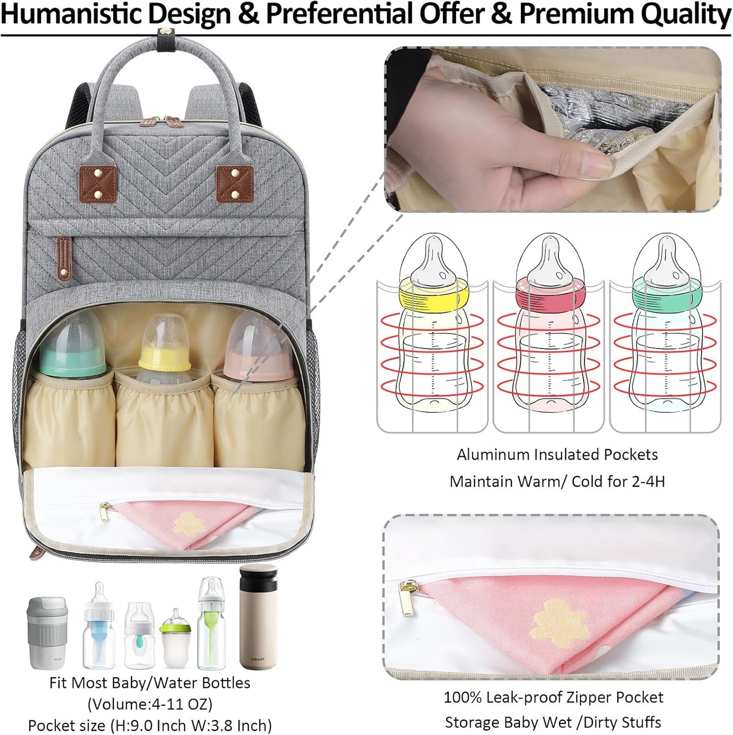 Diaper Bag Backpack Tote with Insulated Pockets for Men Baby Boys Girls Newborn Unisex Tactical Large Capacity, Multifunctional Waterproof Grey
