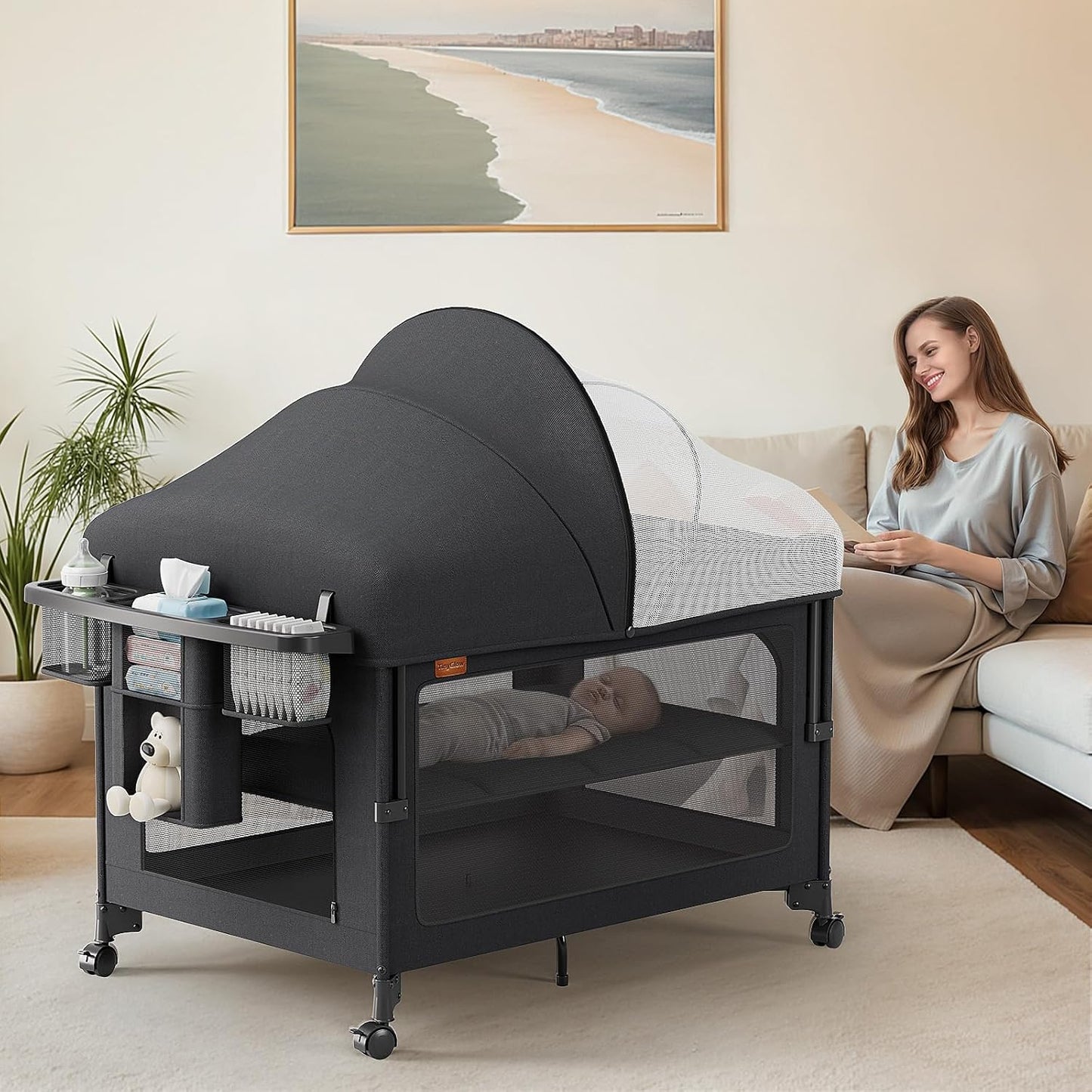 4 in 1 Baby Bassinet, Pack and Play, Bedside Crib Sleeper, Diaper Changer, Quickly Assembled and Folded Portable Crib with Mattress and Mosquito Net, Easy to Carry