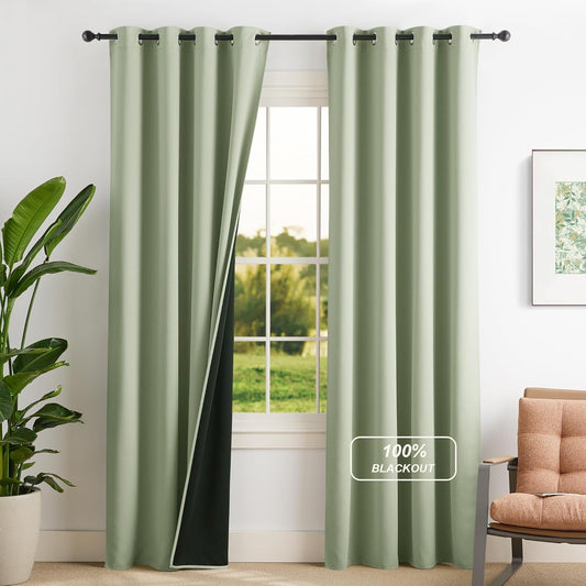 NICETOWN 100% Blackout Curtains for Bedroom Thermal Insulated Blackout 84 inch Length Heat and Full Light Blocking Curtains for Living Room, 2 Panels Set, Olive Green, 52 x 84 inch