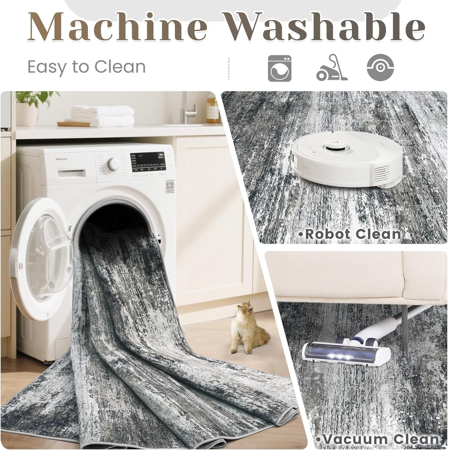 Washable Rug 6x9 Area Rugs for Living Room: Neutral Soft Rug Abstract Non Slip Low Pile Modern Carpet for Bedroom Kitchen Nursery Office Dining Room Indoor (Black, 6'x9')