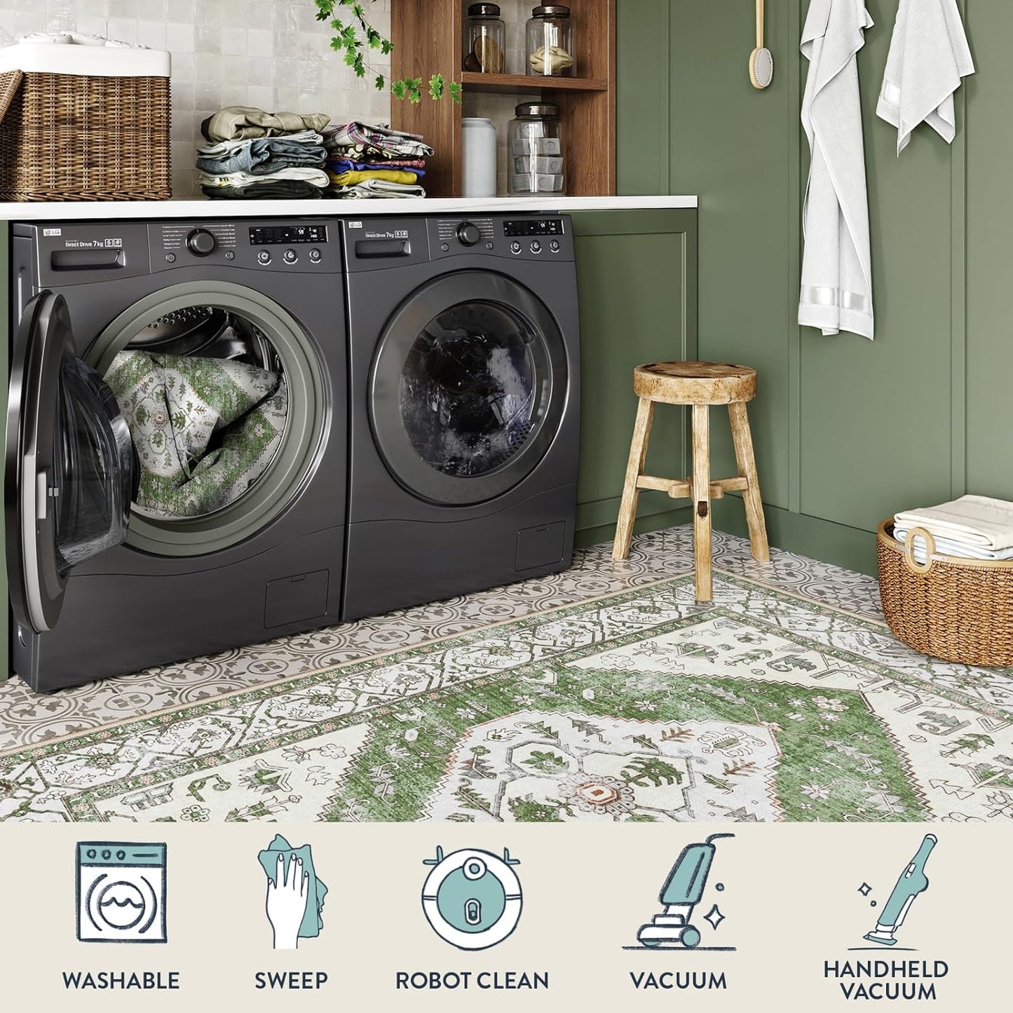 Lahome Boho Indoor Rugs for Entryway - 2x3 Area Rug Non-Slip Backing Washable Inside Door Mats Low-Profile Throw Rugs for Bathroom, Vintage Print Distressed Rug for Kitchen Bedside (Green, 2'x3')