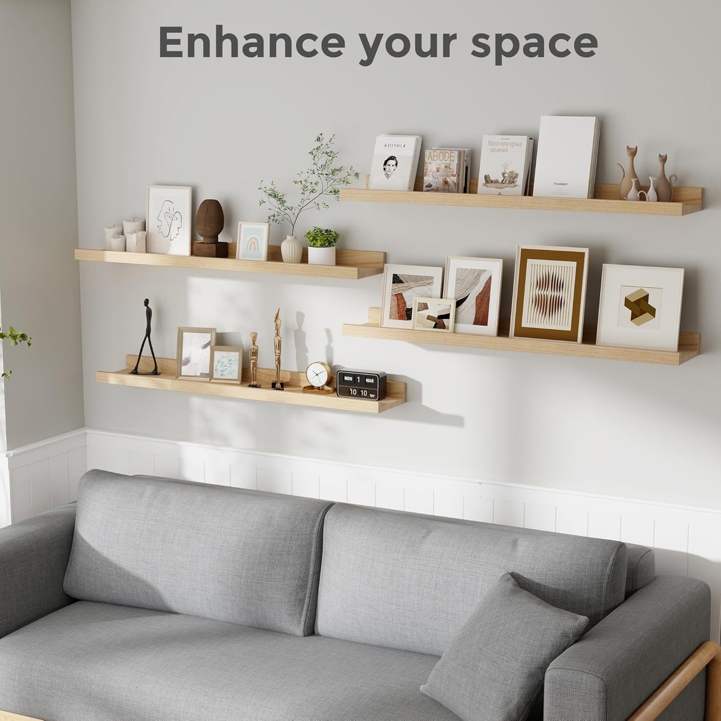 Picture Ledge Shelf, Floating Shelves Set of 4, 36 Inches Nursery Book Shelves for Toys Storage, Kids Bookshelf Wall Mounted for Living Room Bedroom Decor Books Photo Frames, Natural