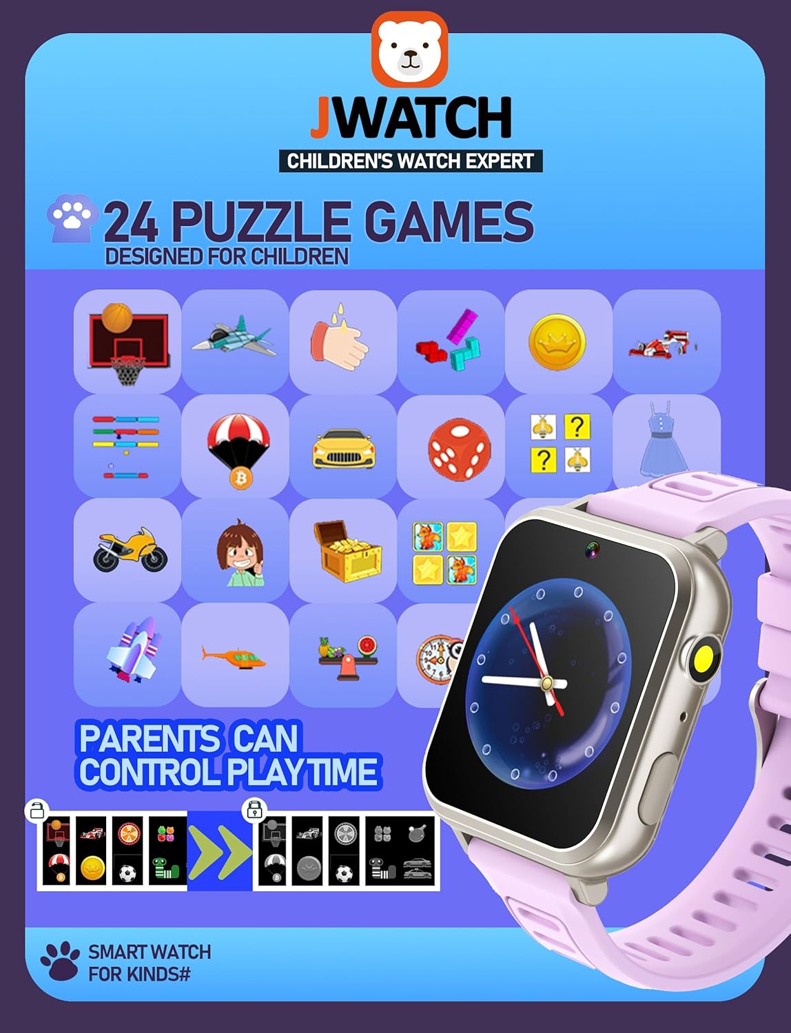 Kids Smart Watch for Boys Girls 6-12 with Pedometer Audio Book Camera Music Player Birthday Present Christmas (Silver Frame Purple)……