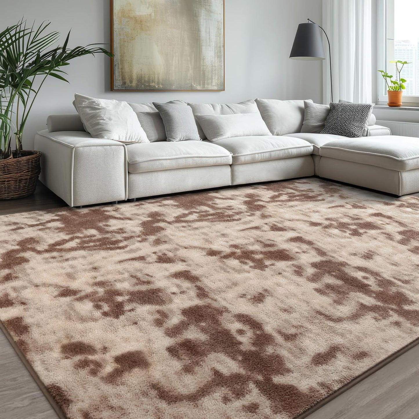 Kimicole 7x10 Washable Area Rugs for Living Room Bedroom, Large Low Pile Ulta-Thin Solid Color Rug, Non-Slip Soft Fluffy Carpet for Nursery Kids Room Dorm Room Home Decor (Brown)