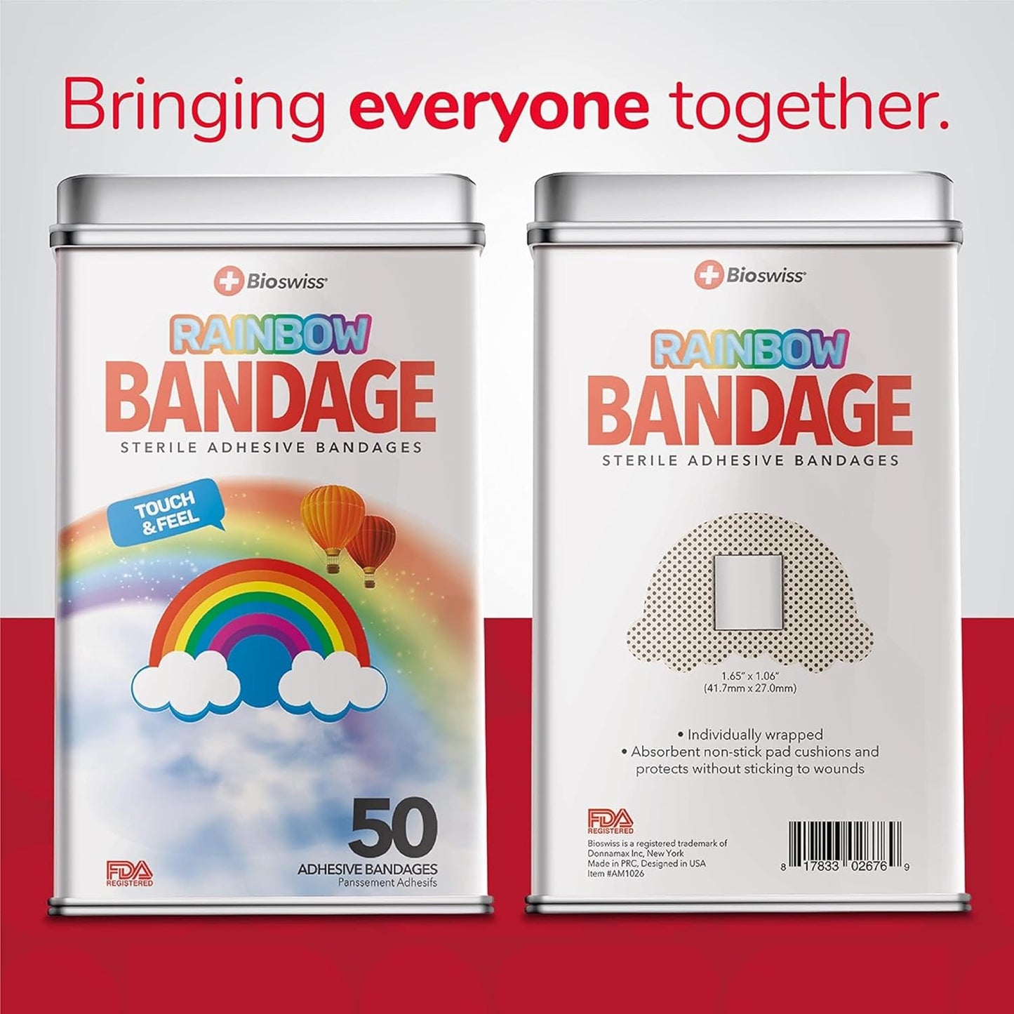 BioSwiss Bandages, Rainbow Shaped Self Adhesive Bandage, Latex Free Sterile Wound Care, Fun First Aid Kit Supplies for Kids, 50 Count