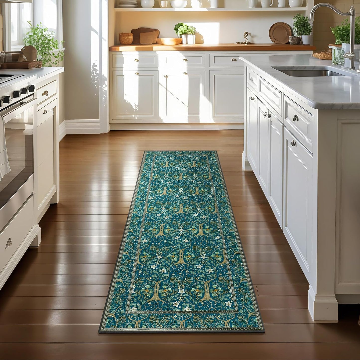 Joydeco Washable 2x6 Rug Runners for Hallways Non Slip, Boho Floral Bathroom Rug Runner, Soft Botanical Forest Indoor Floor Throw Carpet for Kitchen Laundry Room Entryway, Dark Blue