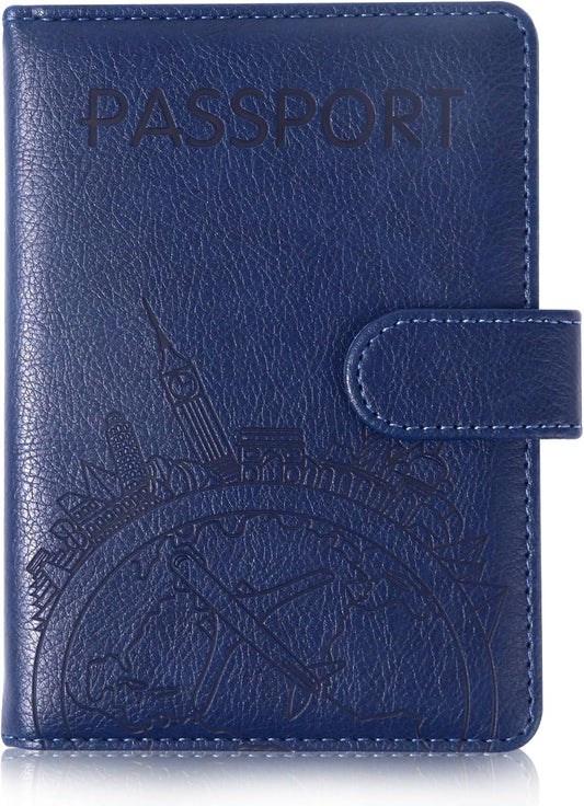 Passport Holder and Card Slot Combo RFID Blocking Leather Family Travel Passport Wallet Travel Accessories for Men Women US Passport Cover Protector (Travel blue)