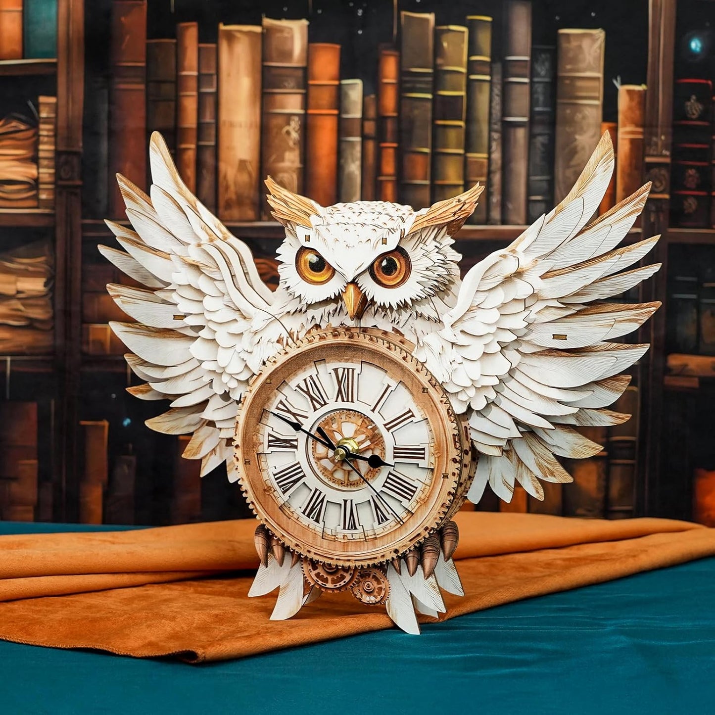 3D Puzzles for Adults Clock-Snowy Owl Design Model Kit-Mechanical DIY Pendulum Clock with Roman Numerals-Desk Home Office Decor Personalized Gift for DIY Lovers