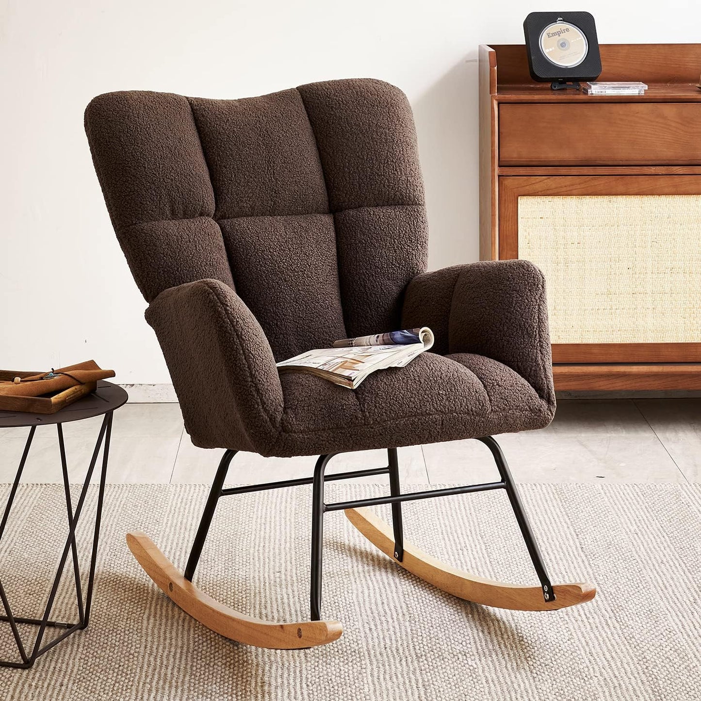 Nursery Rocking Chair, Teddy Fabric Upholstered Glider Rocker with High Backrest, Modern Rocking Accent Chairs Comfy Side Chair for Nursery, Bedroom, Living Room (Brown)