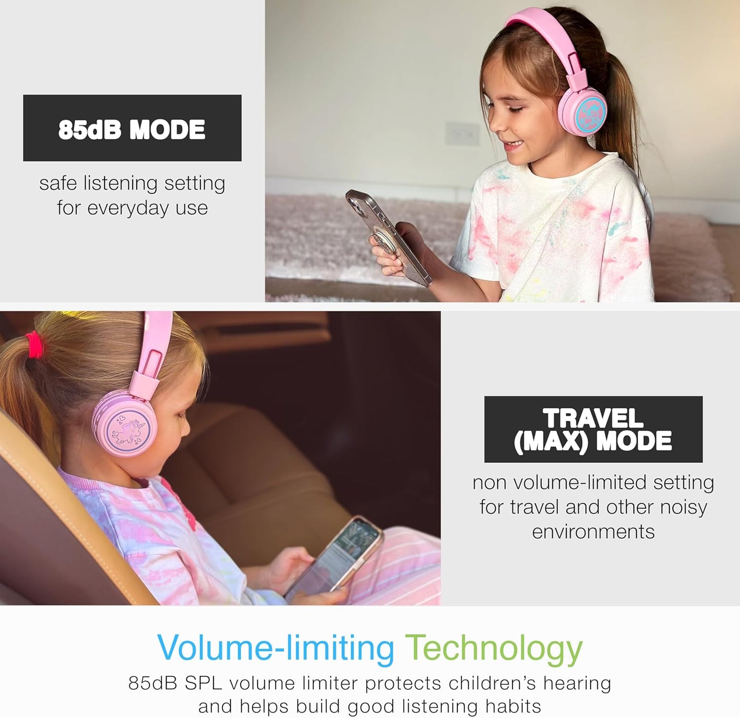 MEE audio KidJamz KJ55BT Bluetooth Wireless Safe Listening Headphones for Children with LED Lights, 85dB Volume Limiter, Microphone, & 40h Battery; Kids Headset for School/iPhone/iPad/Tablet (Pink)