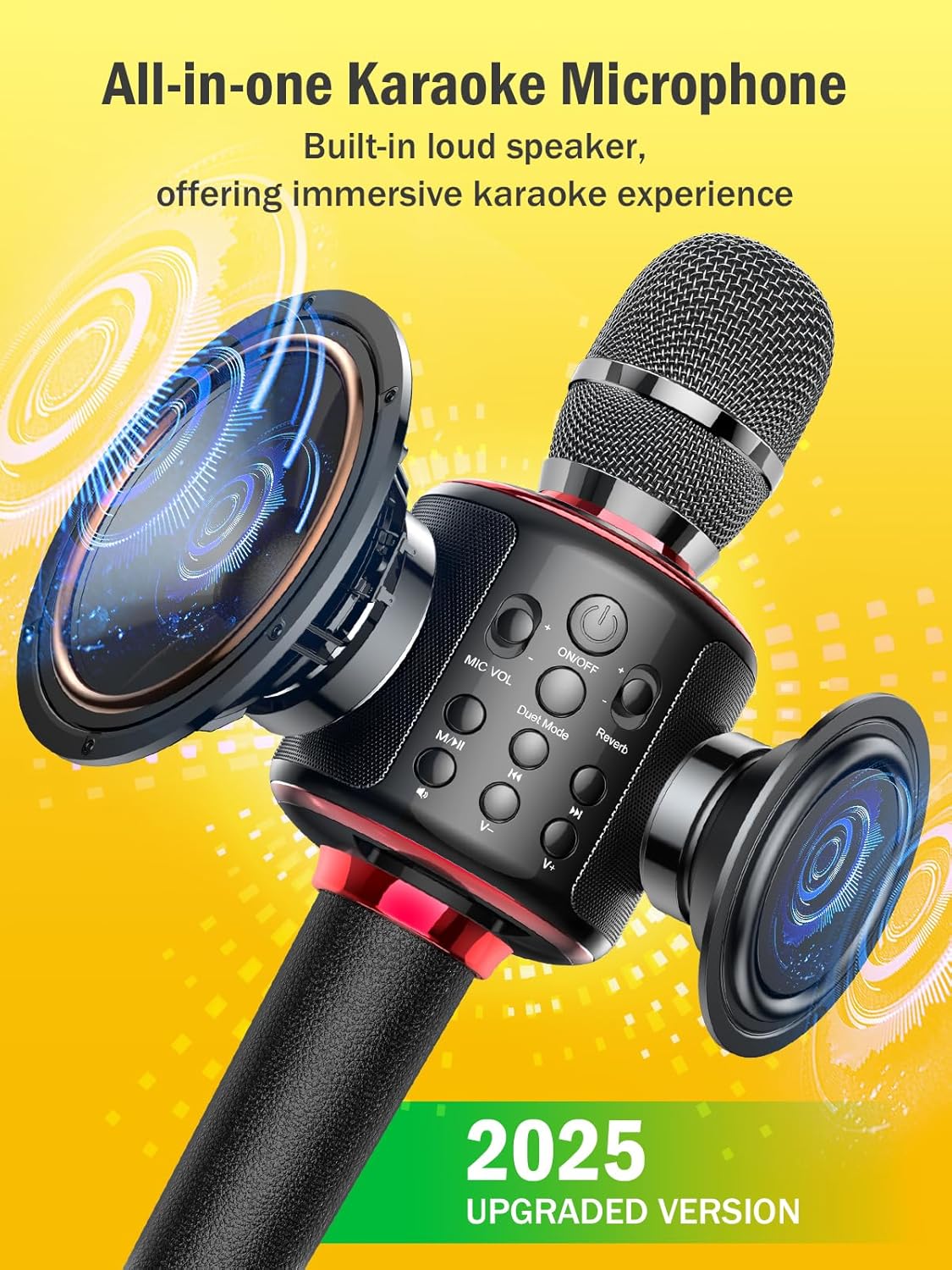 Wireless Bluetooth Karaoke Microphone, Built-in Loud Speaker for 10H Playback, Add Reverb/Duet Mode/Earbuds Monitoring, Portable Karaoke Machine for Entertainment & Singing Practice (Black&Red)