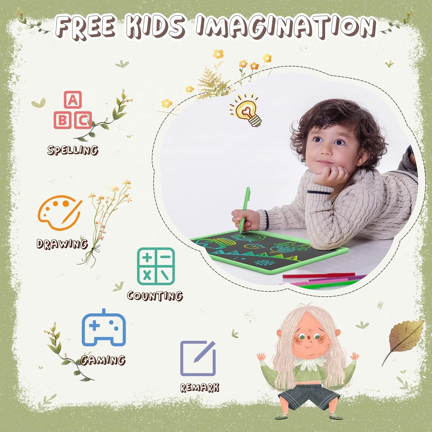 GIGART LCD Writing Tablet 15 Inch Drawing Tablet Magic Doodle Board Drawing Pad, Electronic Writing Board, Educational Toys Gifts for Kids and Adults at Home,School and Office (Green)