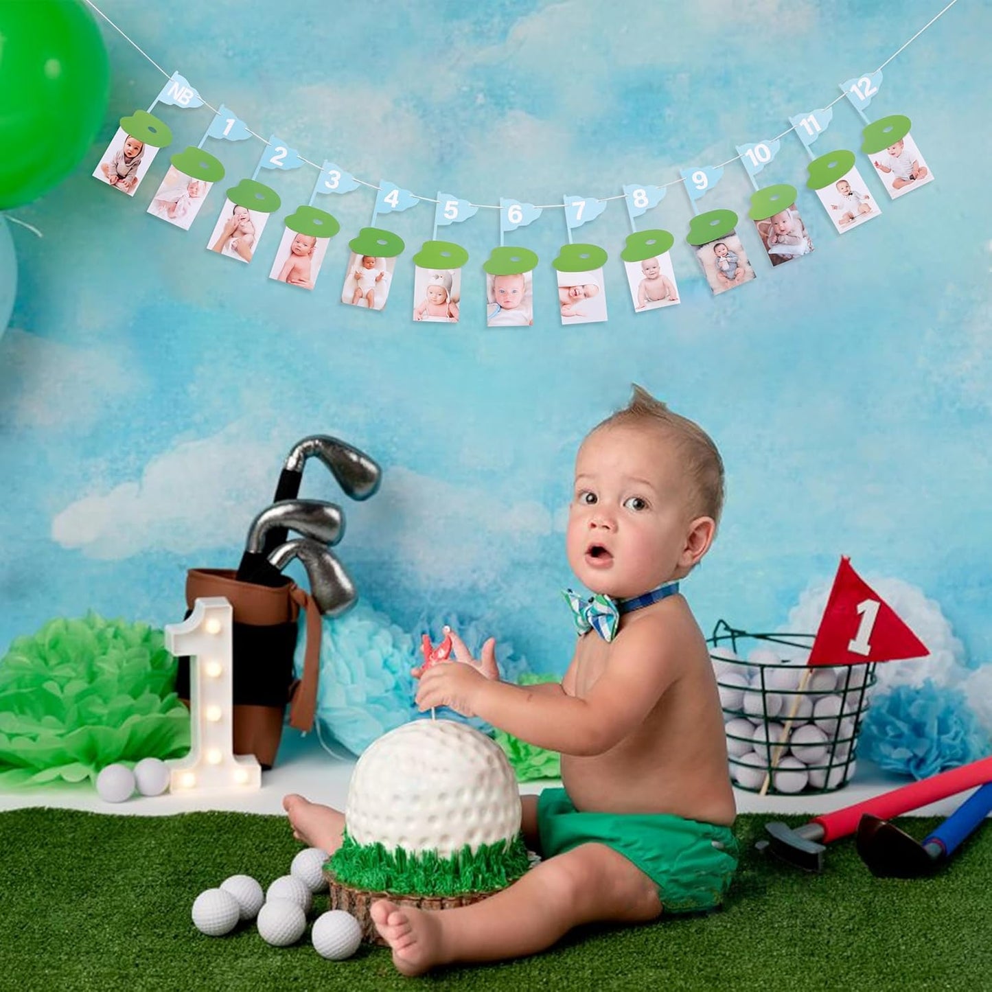 Golf 12 Monthly Photo Banner - Hole In One Monthly Photo Banner,Newborn To 12 Months Banner,Baby's First Year Golf Themed Birthday(blue)