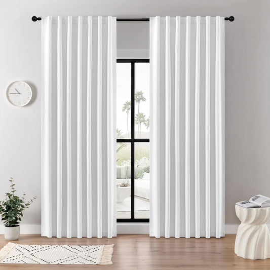 Joydeco Faux Linen Blackout Curtains for Bedroom,White Blackout Curtains 96 inches Long,100% Blackout Solid Thermal Insulated Window Drapes Luxury Decor for Living Room（W52xL96 Inch,White）