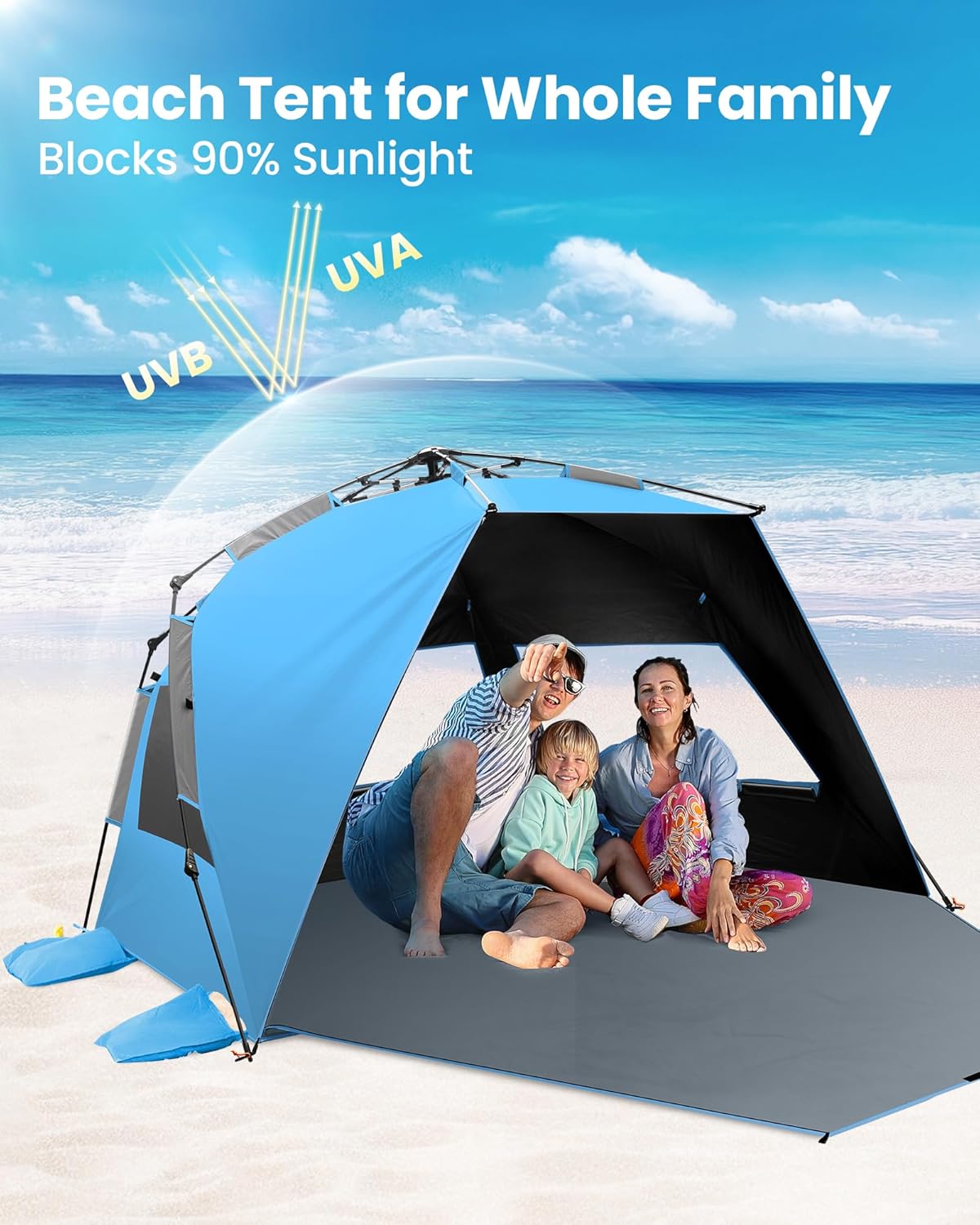 OutdoorMaster Beach Tent with Blackout Shelter Technology, Portable Beach Shade Sun Shelter Canopy for 4-6 Person with UPF 50+ UV Protection, Easy Setup Pop Up Tent Family Size