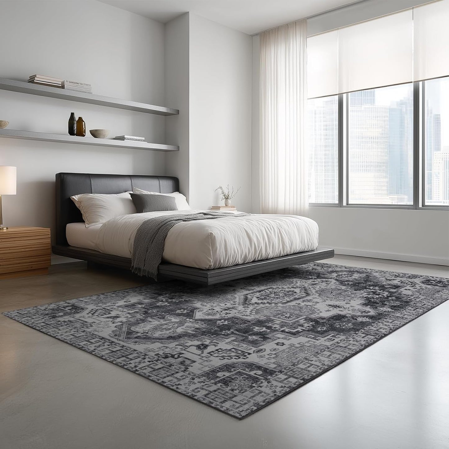 Washable Area Rugs 8x10, Large Rugs for Living Room, Carpet for Bedroom, Soft Faux Wool Retro Dining Room Rug, Non-Slip Backing Resistant Low Pile Vintage Print Rug for Home Office (Medium Gray)