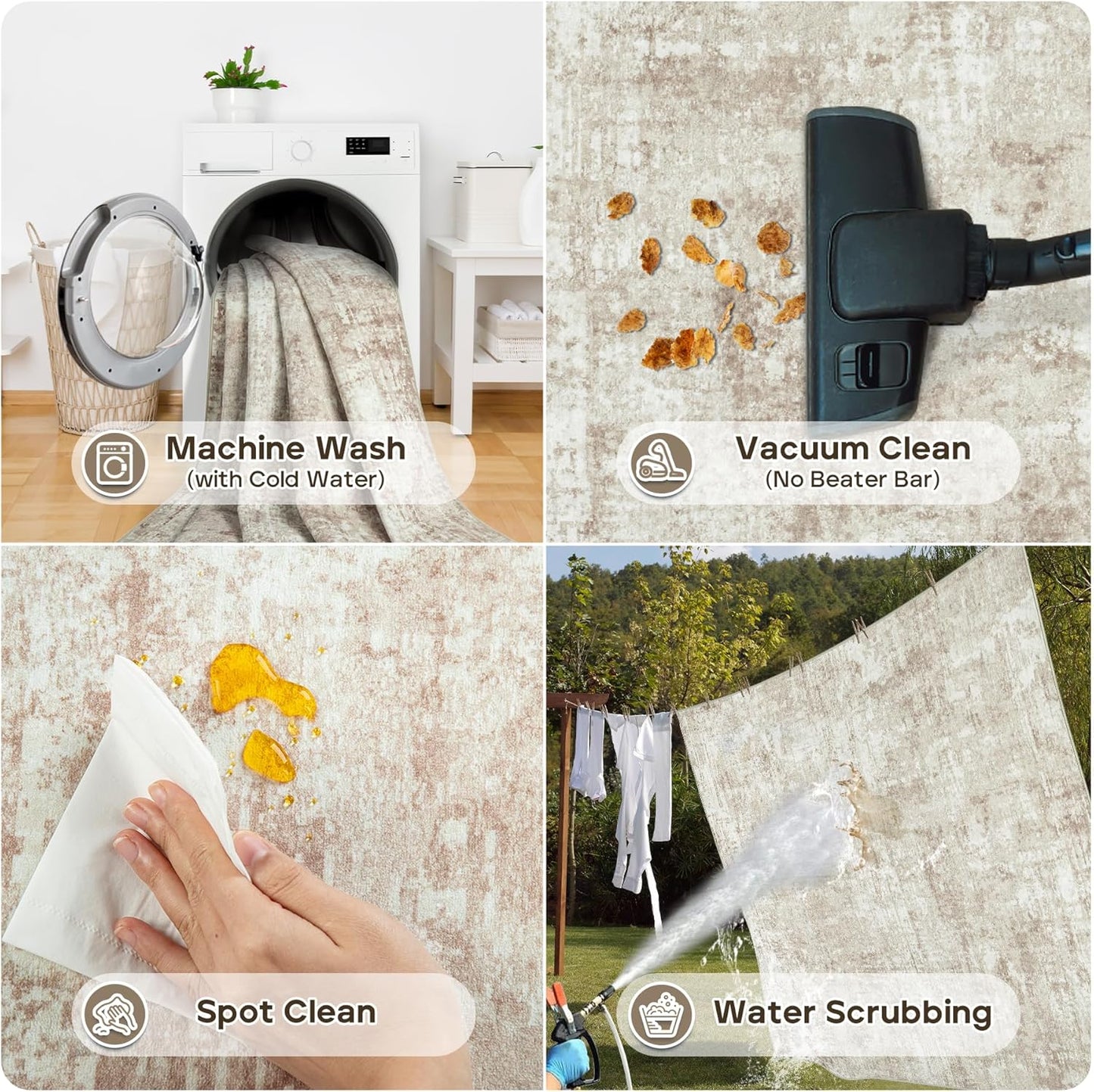 Runner Rug for Hallways Kitchen 2'6"x8' Washable, Non Slip Carpet 8ft Area Rugs Entryway Rubber Backed 8 Feet Neutral Abstract Modern Low Pile Indoor Beige