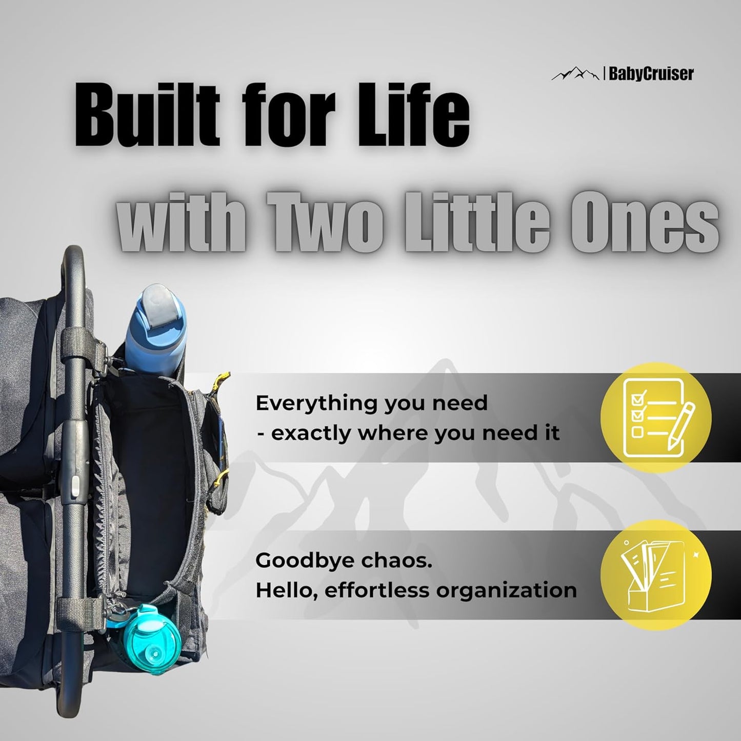Stroller Caddy Double Stroller Organizer with Cup Holder Phone Pocket Changing Mat Straps Mounted 2 x Stroller Water Bottle Holder
