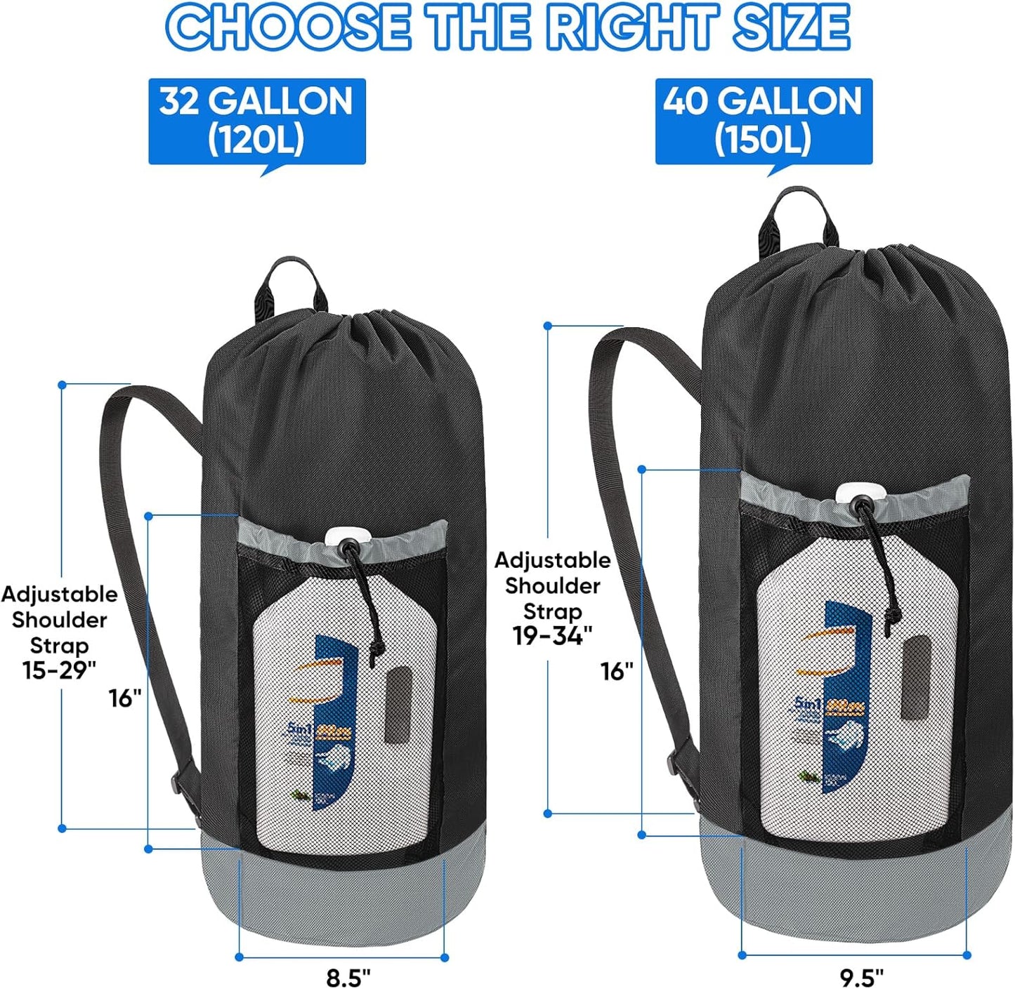 BALEINE 120L Laundry Bag Backpack, 900D Oxford Fabric Large Travel Laundry Bags with Shoulder Straps and 2 Mesh Pockets for College Dorm, Apartment, Laundromat (Black, 120L)