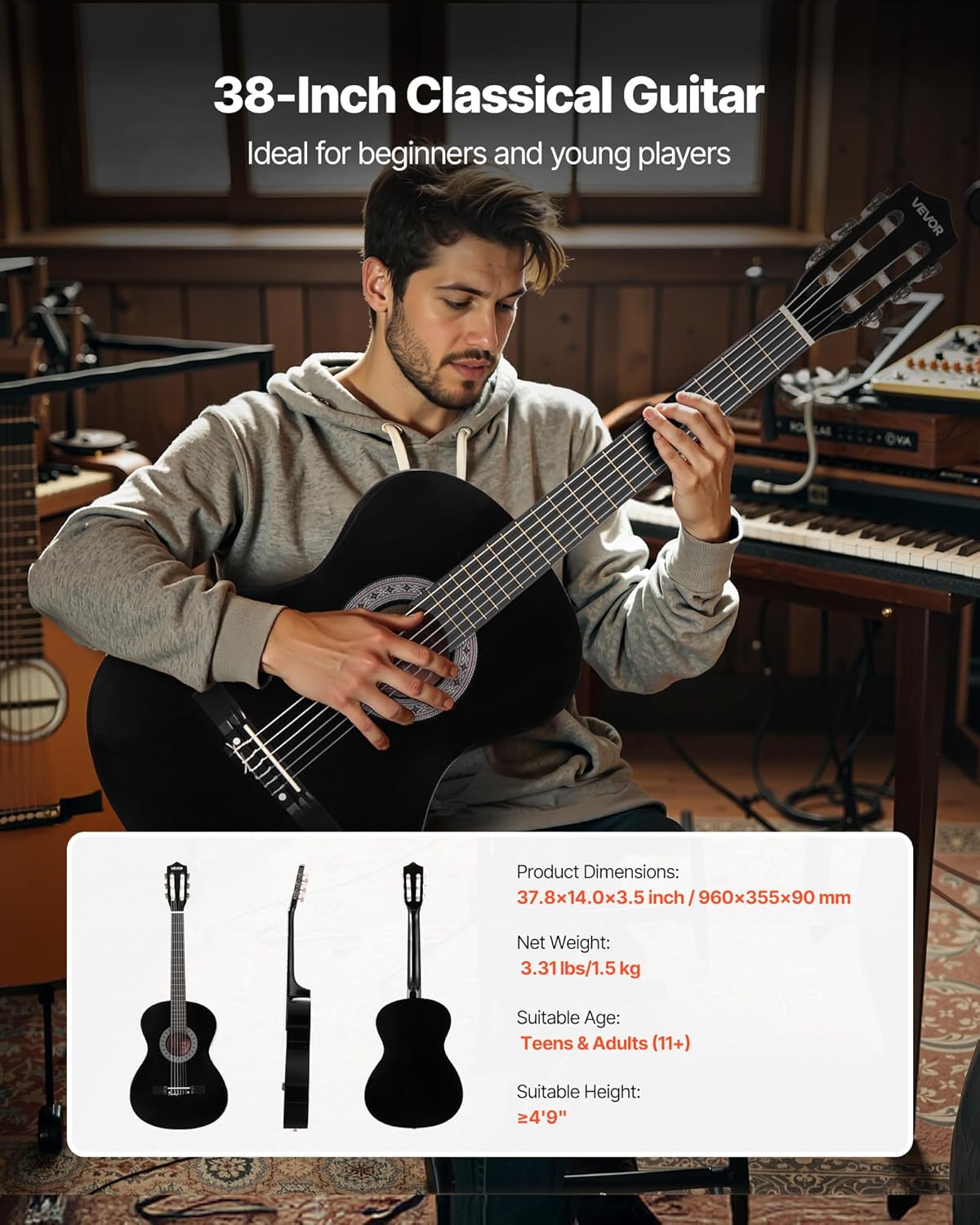 VEVOR Acoustic Guitar, Classical Guitar Starter Kit for Beginners, with Nylon Strings, Basswood Guitar, for Kids Adults Girls Boys Students