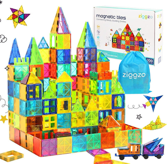 Ziggzo Magnetic Tiles for Kids Ages 4-8 | 100 Magnet Tiles with Storage Bag and 2 Cars | STEM Building Blocks for Creative Learning