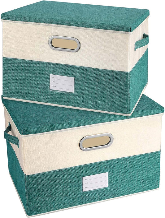 Large Linen Fabric Foldable Storage Bins with Removable Lid and Handles, Washable Storage Box Organizer Containers Baskets Cube with Cover for Bedroom,Office (Turquoise&Cream, Medium(2-Pack))