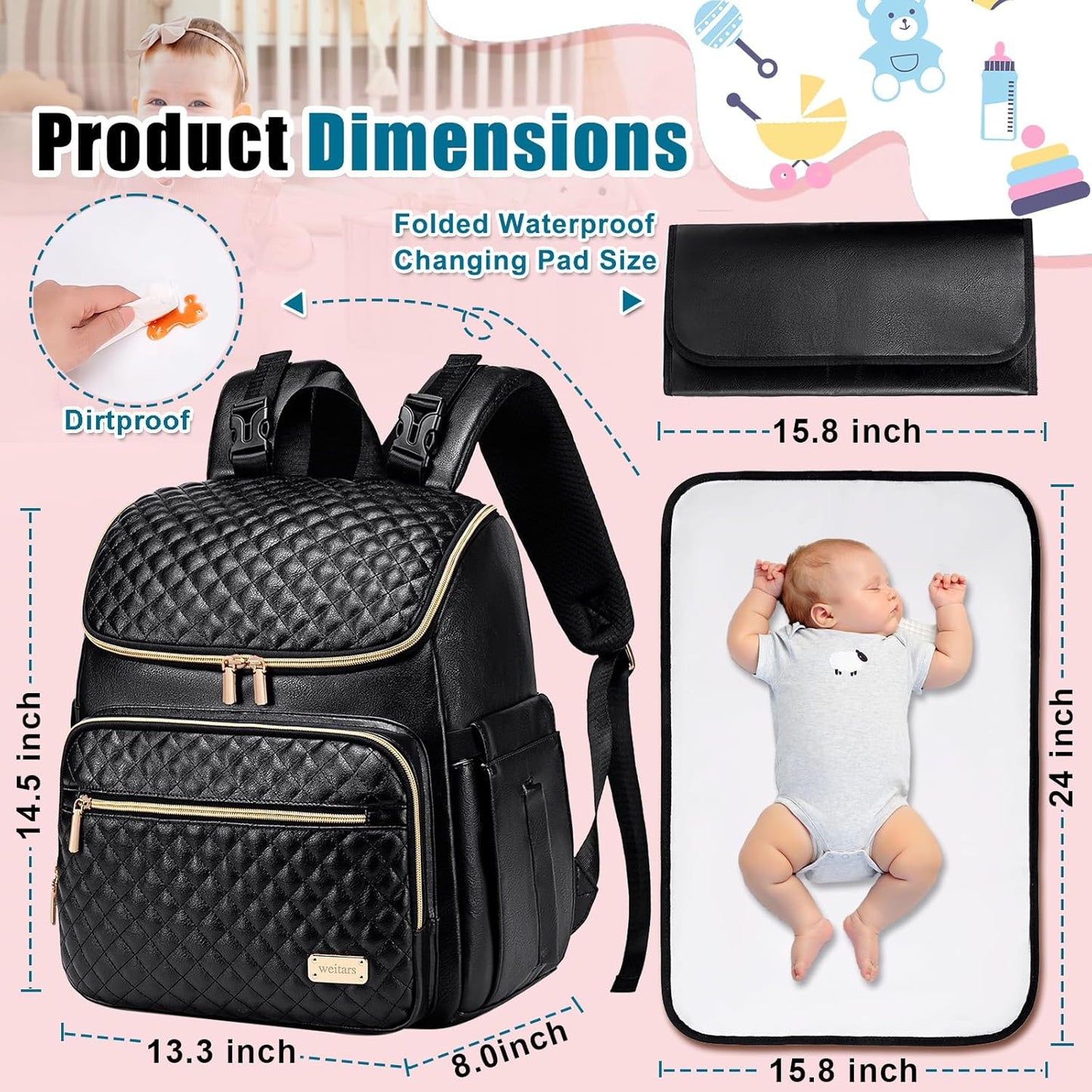 Weitars Diaper Bag Backpack Leather Baby Diaper Bag with Changing Pad Travel Diaper Backpack,Baby Bag for Mom,Stroller Straps,5 Insulated Pockets (Black Leather)