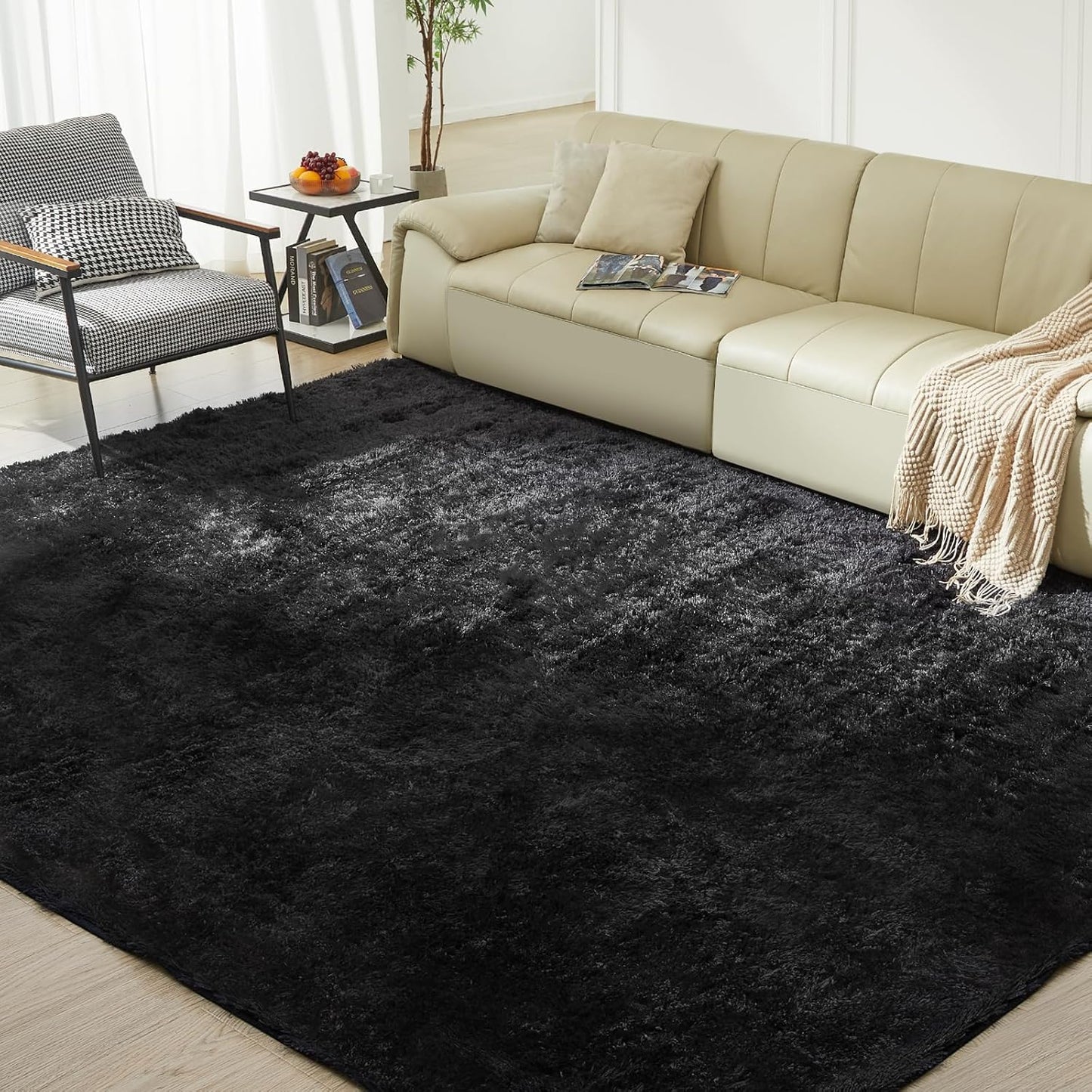 Ultra Soft Rug for Living Room, 8X10 Fluffy Shag Area Rug for Bedroom, Modern Shaggy Carpets Fuzzy Rug for Teens Dorm Nursery Home Decor Aesthetic, Upgrade Anti-Skid Durable, Black
