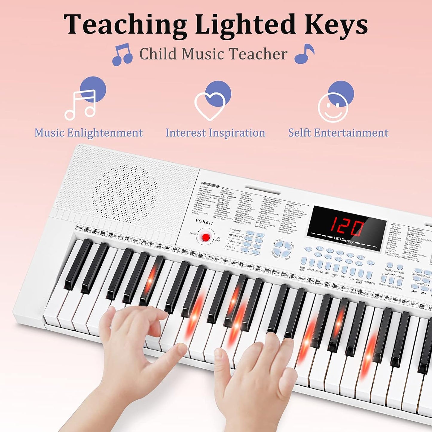 Vangoa VGK611 Electric Keyboard for Beginner, 61 Keys Portable Music Keyboard With Mini Lighted Keys, Electronic Piano for Kids, Boy, Girl, White
