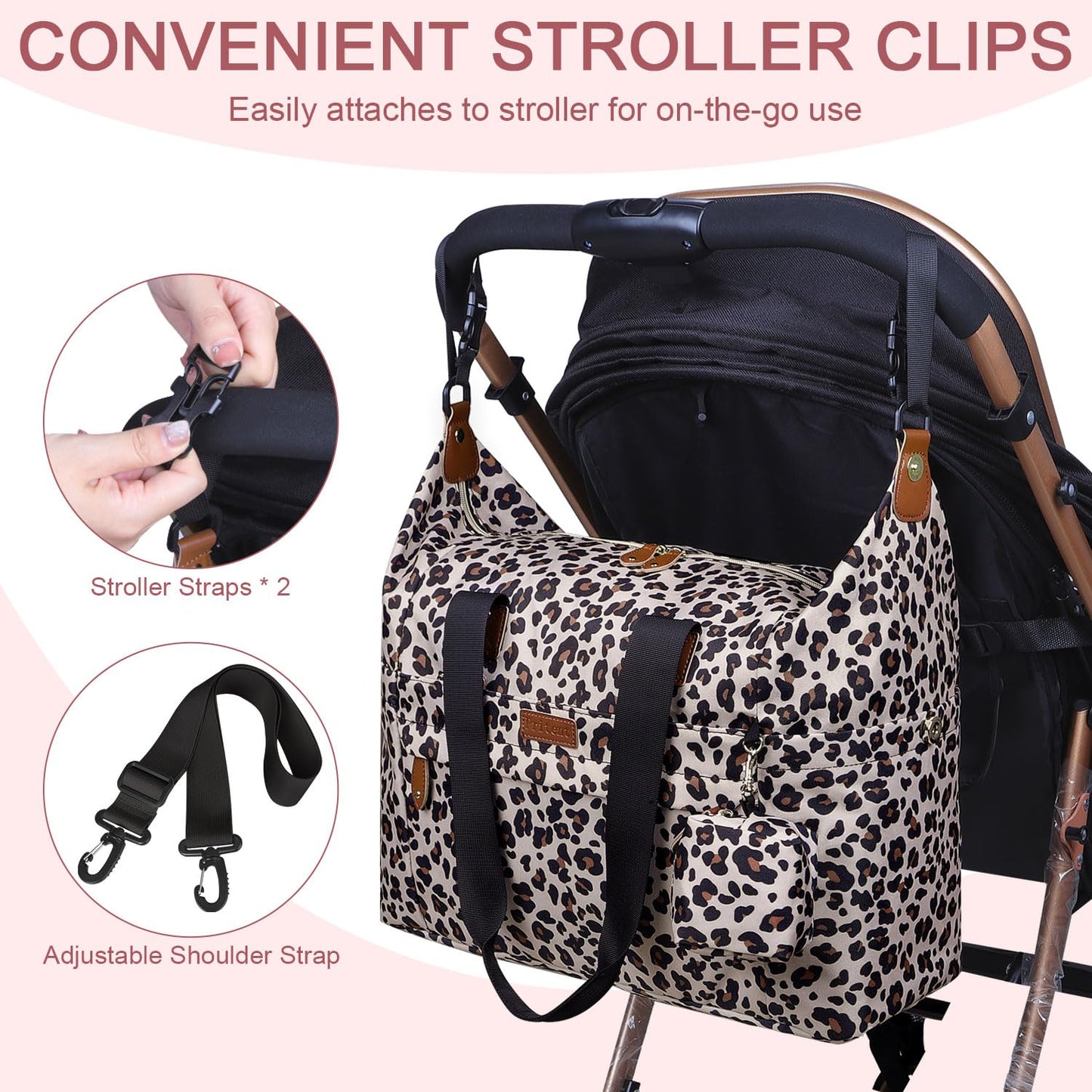 Diaper Bag Tote - Diaper Baby Bags with Pacifier Case, Shoulder Straps, Stroller Clips, Waterproof Large Mommy Maternity Travel Baby Bag for Mom and Dad, Leopard, Medium