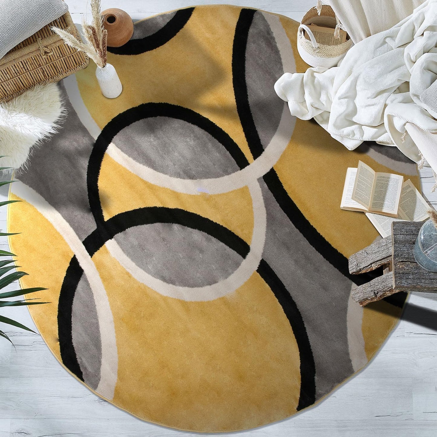 Rugshop Contemporary Abstract Circles Easy Maintenance for Home Office,Living Room,Bedroom,Kitchen Soft Round Rug 6' 6" (6' 6" Diameter) Yellow