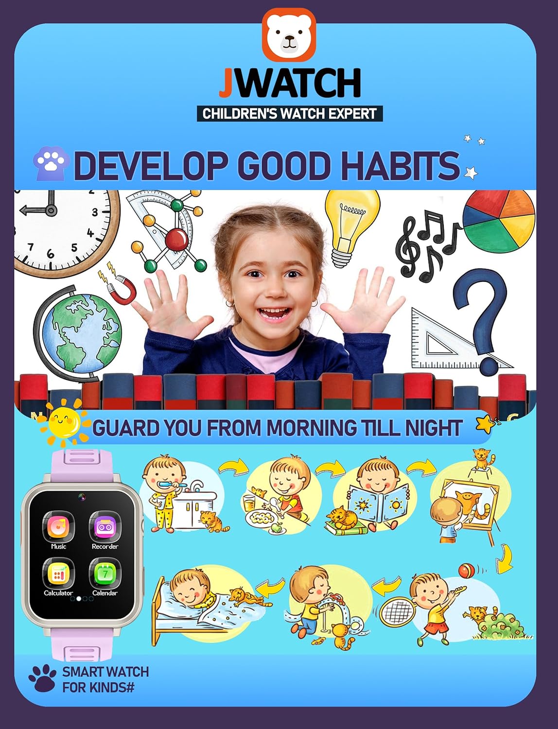 Kids Smart Watch for Boys Girls 6-12 with Pedometer Audio Book Camera Music Player Birthday Present Christmas (Silver Frame Purple)……