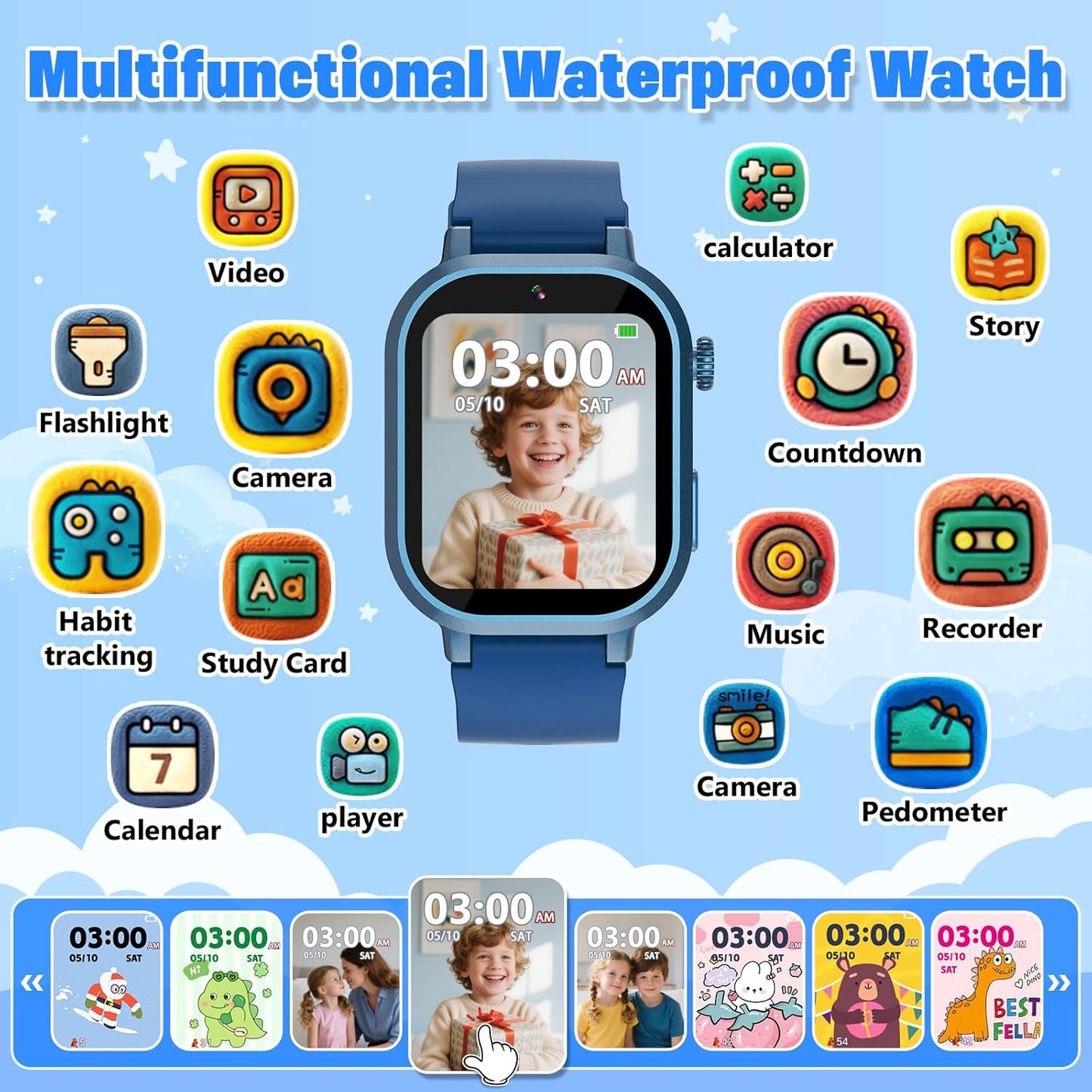 Kids Waterproof Smart Watch Boys Gift Age 3-12 with 39 Game HD Touch Screen Music Player Video Camera Pedometer Alarm Clock Birthday Gift for 6 7 8 9 Year Olds Blue