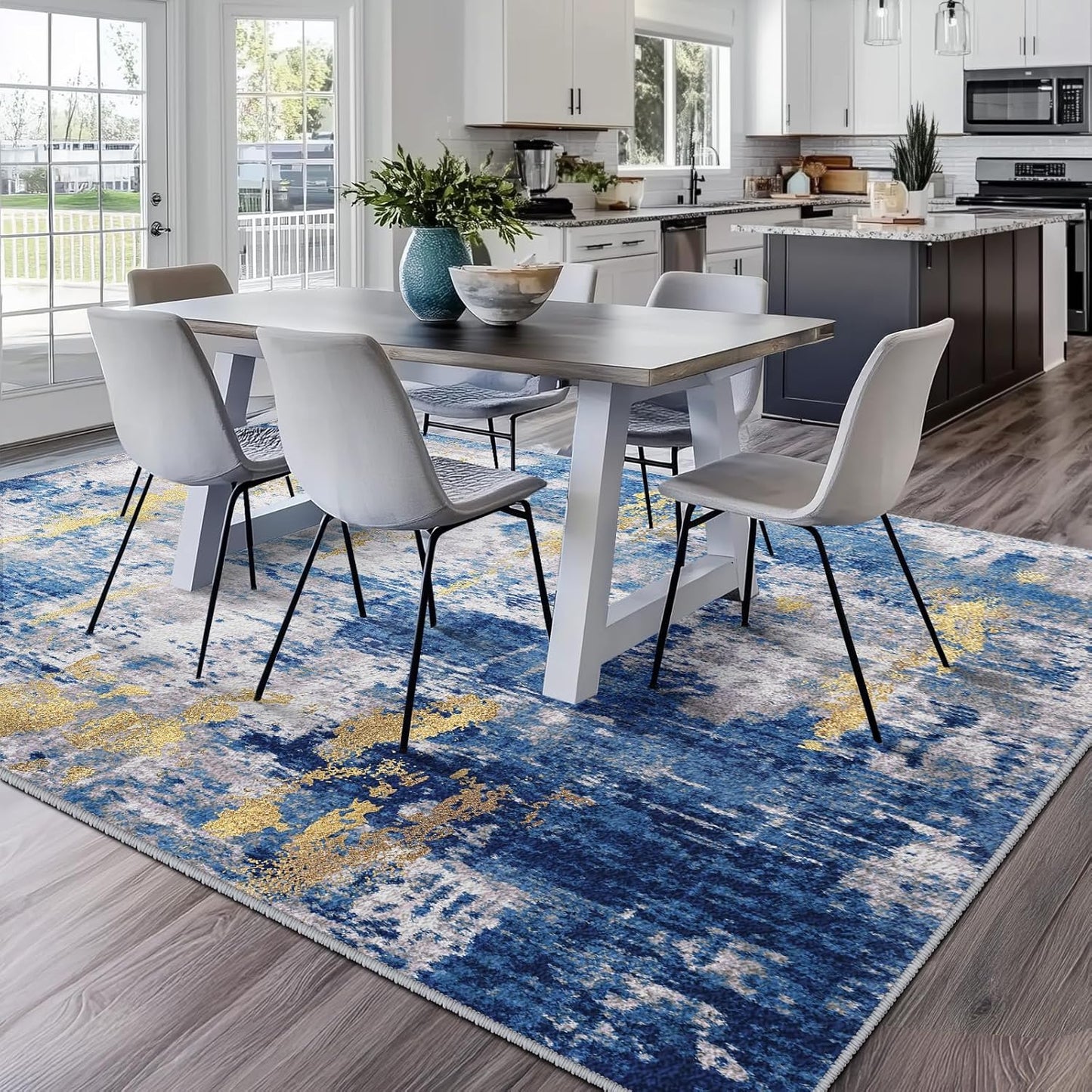 Washable Area Rugs 6'x9' Non-Slip Modern Abstract Soft for Living Room Entryway Bedroom Nursery, Print Pattern, Grey Blue Gold/Golden