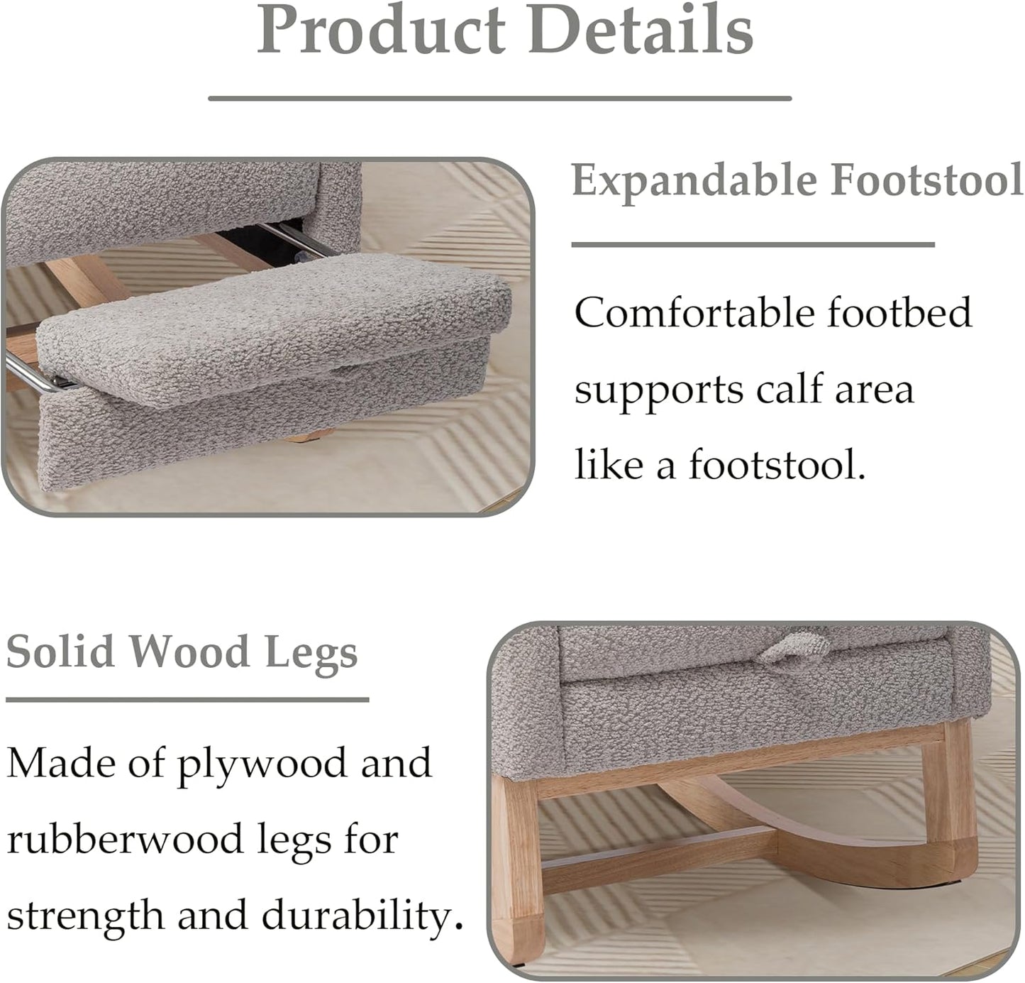 Nursery Rocking Chair with Foot Rest, Upholstered Glider Chair with Two Side Pockets, High Back Nursing Chair, Rocker Accent Armchair for Bedroom Living Room (Light Gray)