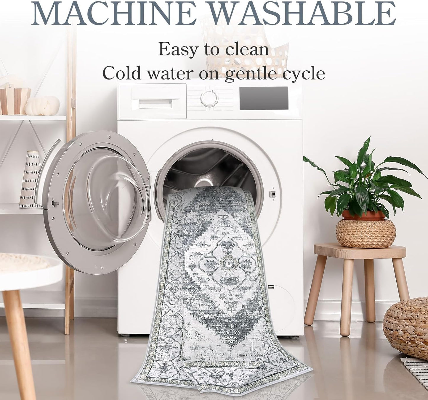 Lahome Boho Round Area Rug - 3Ft Round Rug Non-Slip Washable Bathroom Rug Low-Pile Throw Small Circle Carpet for Bedroom, Oriental Distressed Print Grey Round Mat for Entryway Sofa Kitchen Office