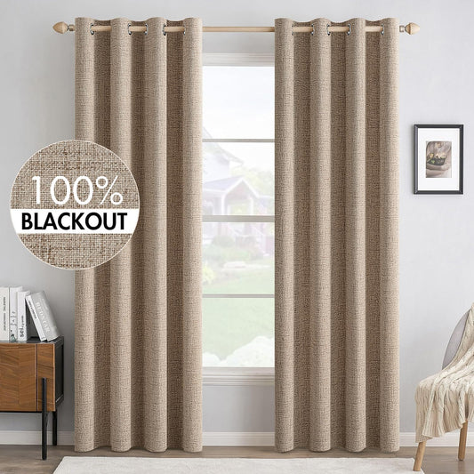 MIULEE 100% Blackout Linen Textured Curtains for Bedroom Solid Thermal Insulated Copper Brown Grommet Room Darkening Curtains & Drapes Luxury Decor for Living Room Nursery 52 x 72 Inch (2 Panels)
