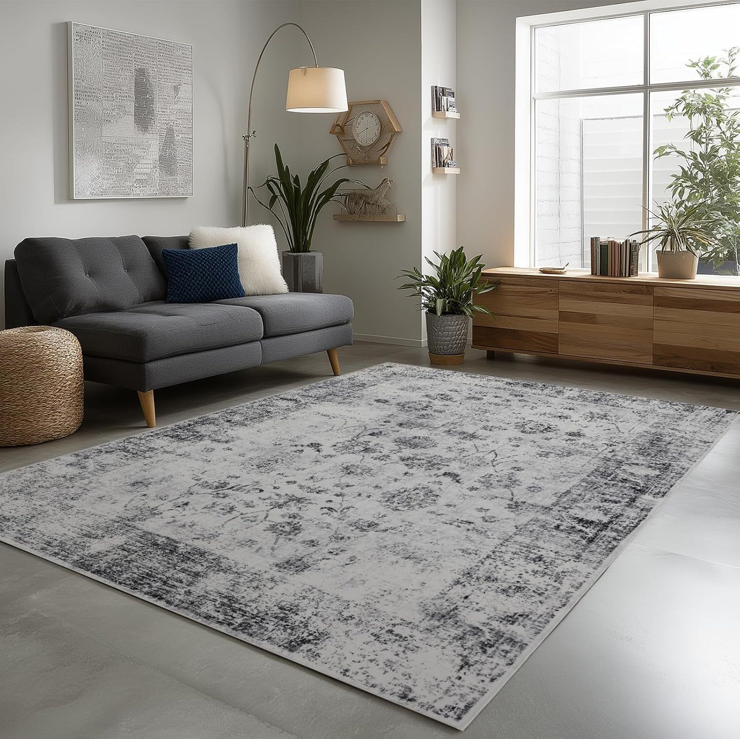Washable 6x9 Area Rug for Living Room, Carpet for Bedroom Dining Room, Non Slip&Non-Shedding Resistant Low Pile Vintage Print Rug for Home Office ((White/Grey)