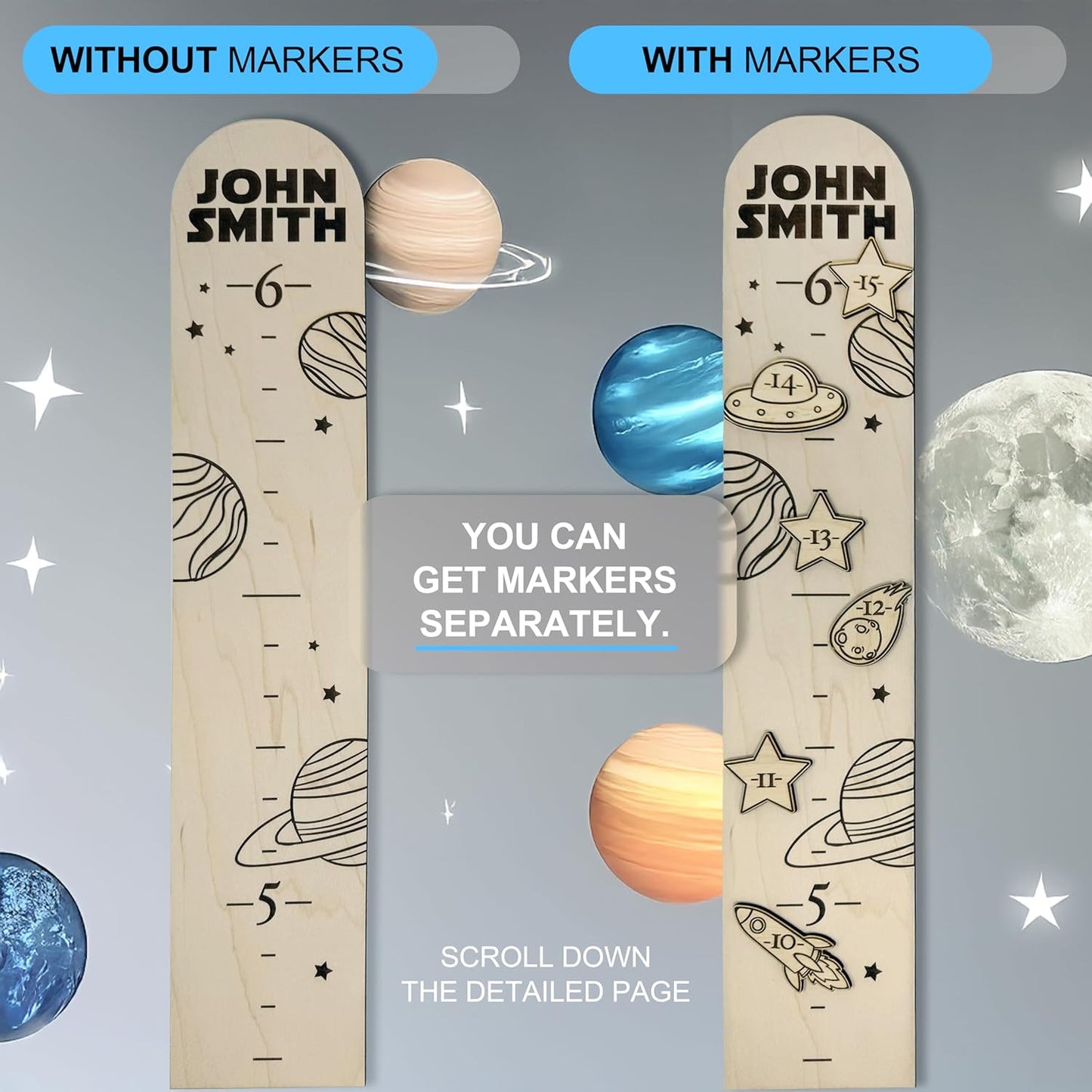 Wooden Height Chart for Wall - Personalized Boy Growth Chart, Custom Name Space Ship Theme Height Ruler Wood, Nursery Growing Wall Meter for Children, Large Baby Growth Chart Solar System, 2 Sizes