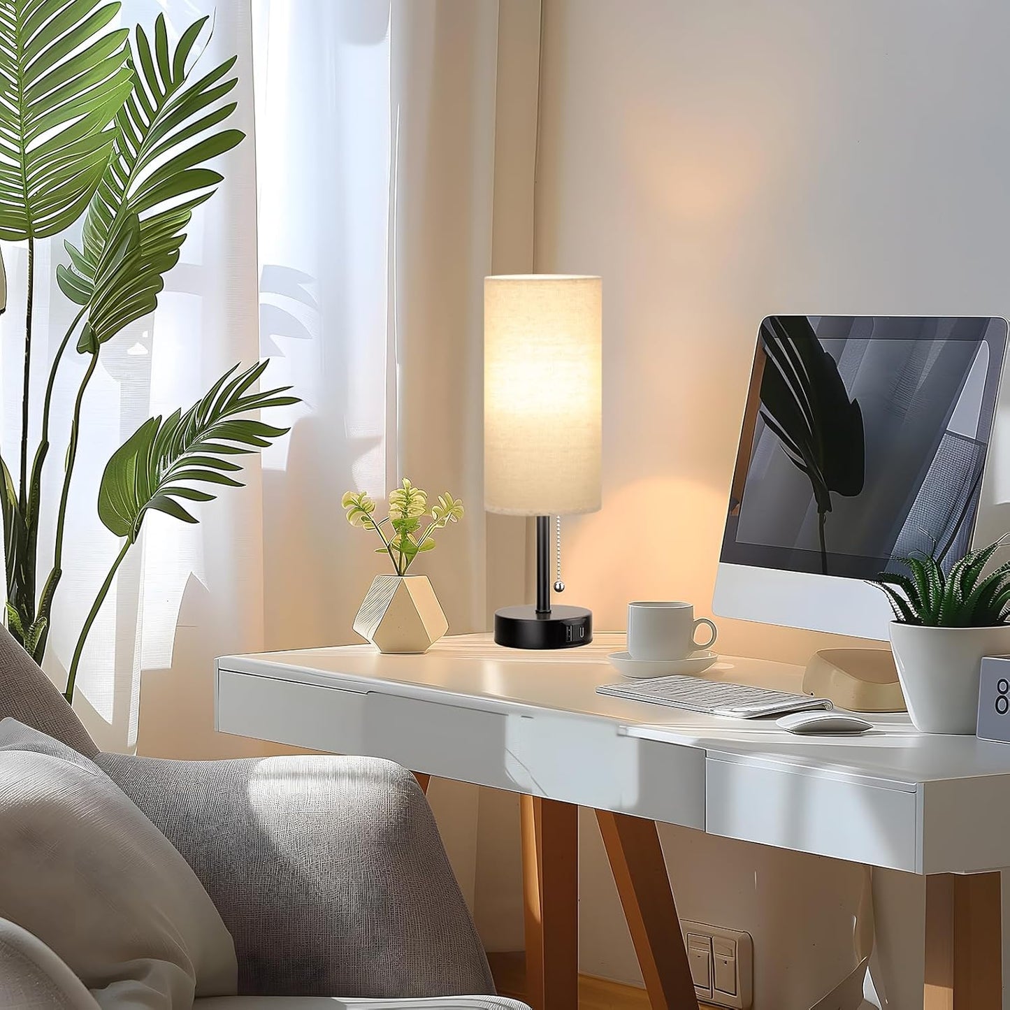 Small Bedside Lamp for Bedroom Nightstand - Table Lamp with USB A + C Charging Port, 3 Color Temperatures Pull Chain Night Stand Light, Side Table Desk Reading Lamp for Living Room/Dorm Room