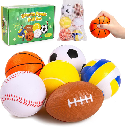 Balls for Toddlers Babies, Soft Baby Toys, 6 Pack 3.5" Foam Balls Kids Sports Set, Small Soccer Basketball Baseball Football Volleyball Tennis, Indoor Outdoor Toys Games Gifts for Boys Girls