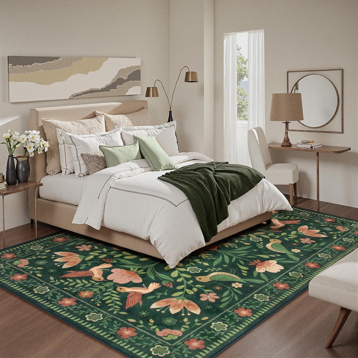 Moynesa Boho Bird 5x7 Area Rugs for Living Room, Washable Green Rug Jungle Floral Bedroom Rug, Low-Pile Soft Vintage Floor Carpet Non-Slip for Dining Room Playrom Living Room