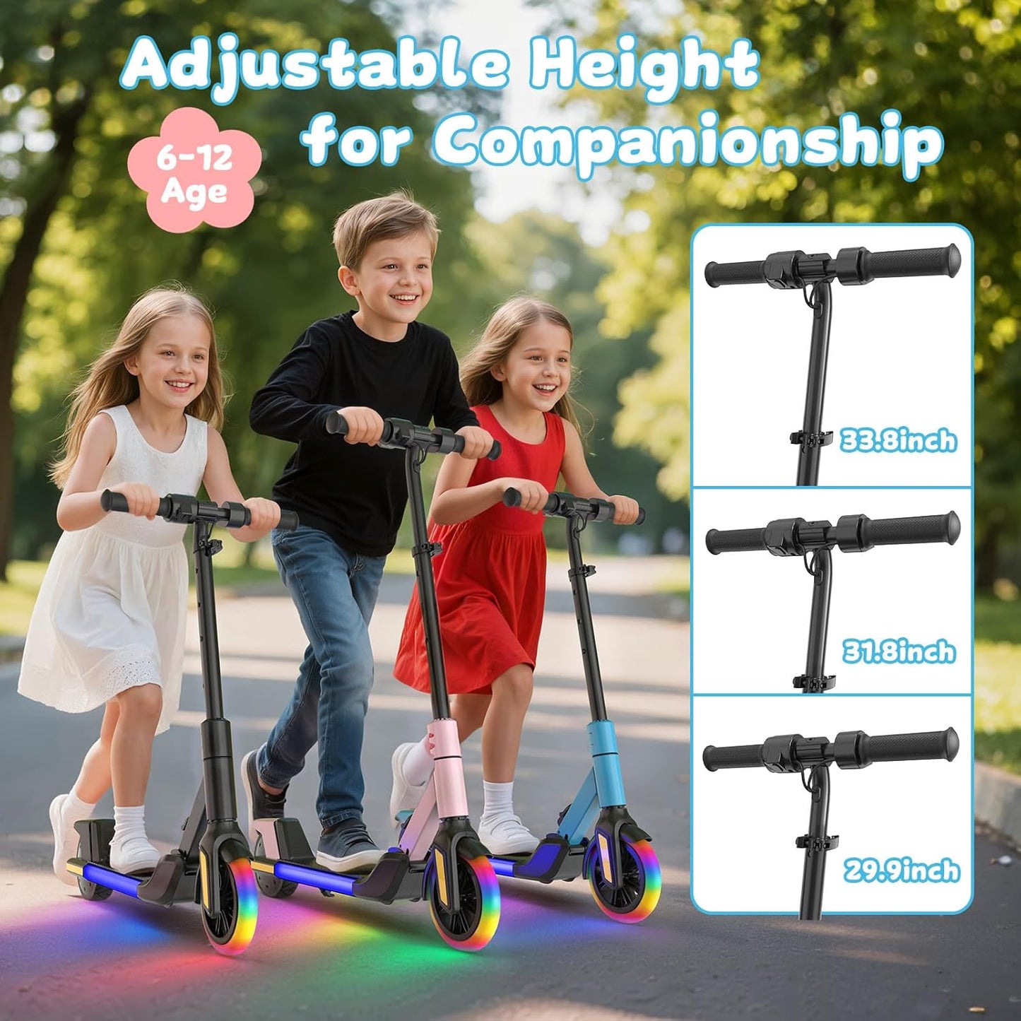 Electric Scooter for Kids Ages 6-12， Max Speed 6.5MPH, max Range 6Miles， with Acceleration Throttle and Electronic Brake， Foldable and Height Adjustable Kids Electric Scooter