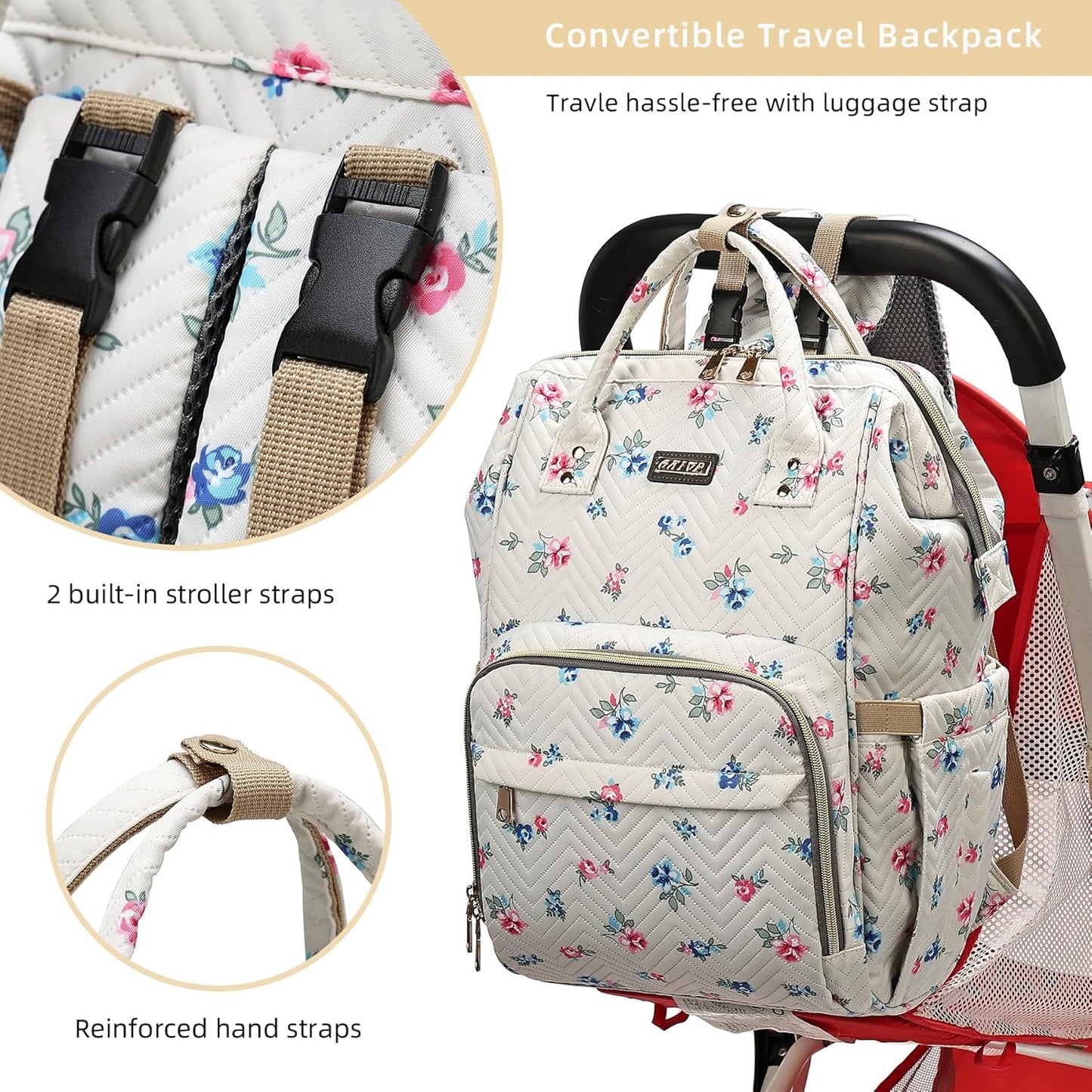 Diaper Bag Backpack, Diaper Bags for Baby Girls Boys, Baby Bags for Moms Dads, Nappy Changing Bag with Insulated Pockets,Multi-functional Waterproof Backpack with Stroller straps-Beige Flowers