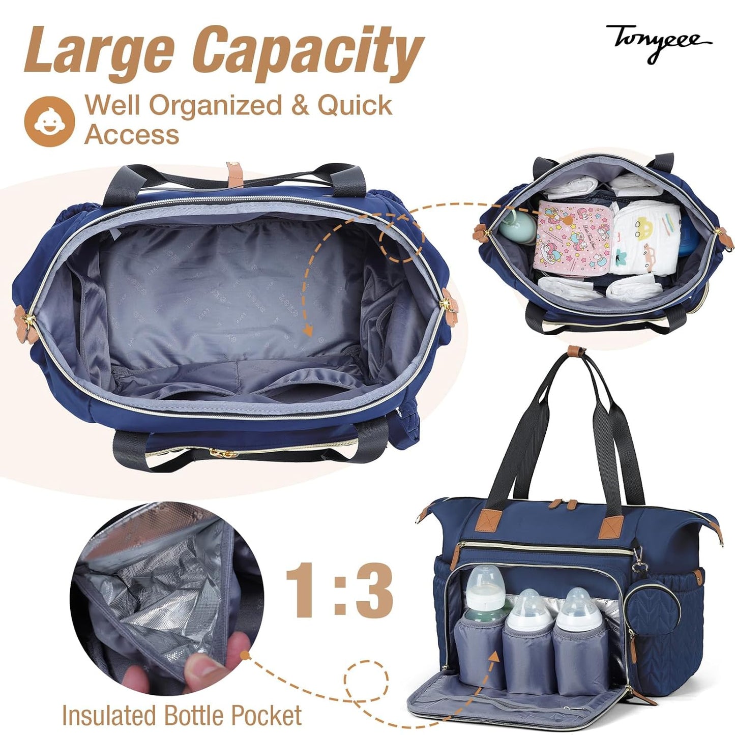 Diaper Bag Tote, Large Baby Diaper Bags Waterproof, Hospital Bag for Labor Delivery with Pacifier Case, Changing Pad, Shoulder Strap, Dark Blue