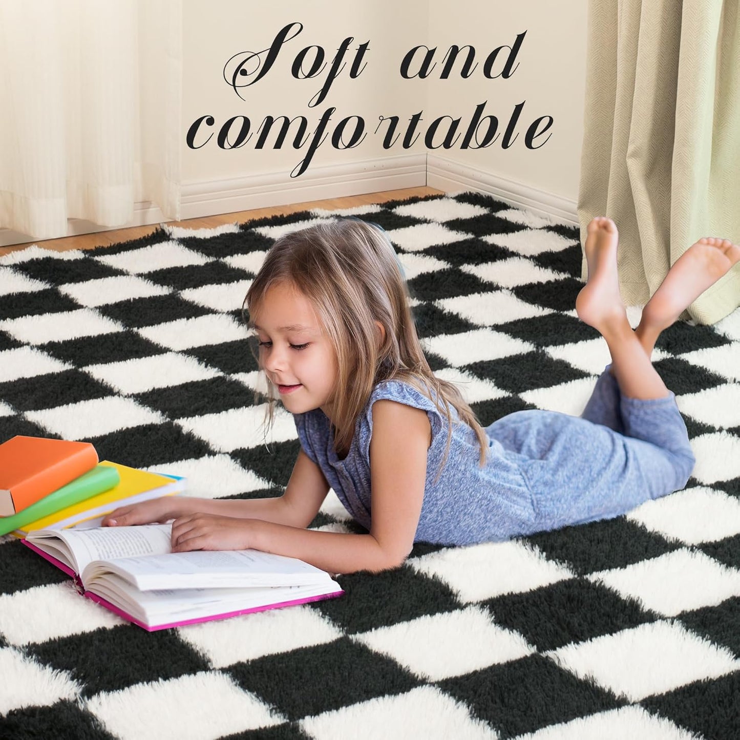 Super Soft Rug for Bedroom, 8x10 Ft Black and White Area Rug Classic Checkered Shaggy Anti-Skid High Pile Soft Fluffy Rug Fuzzy Carpet for Living Room Bedroom Kids Room Nursery, Dorm Home Decor