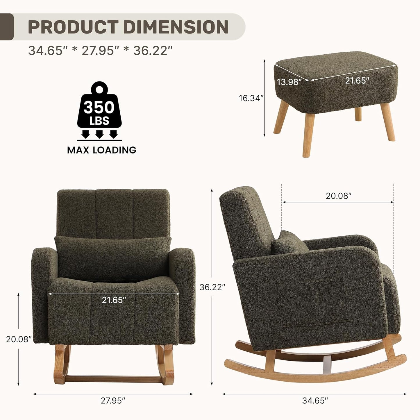 Rocking Chair with Ottoman, Upholstered Nursing Glider Rocker with High Backrest and Side Pocket, Comfy Reading Chair with Solid Wood Legs for Nursery/Living Room/Bedroom Green