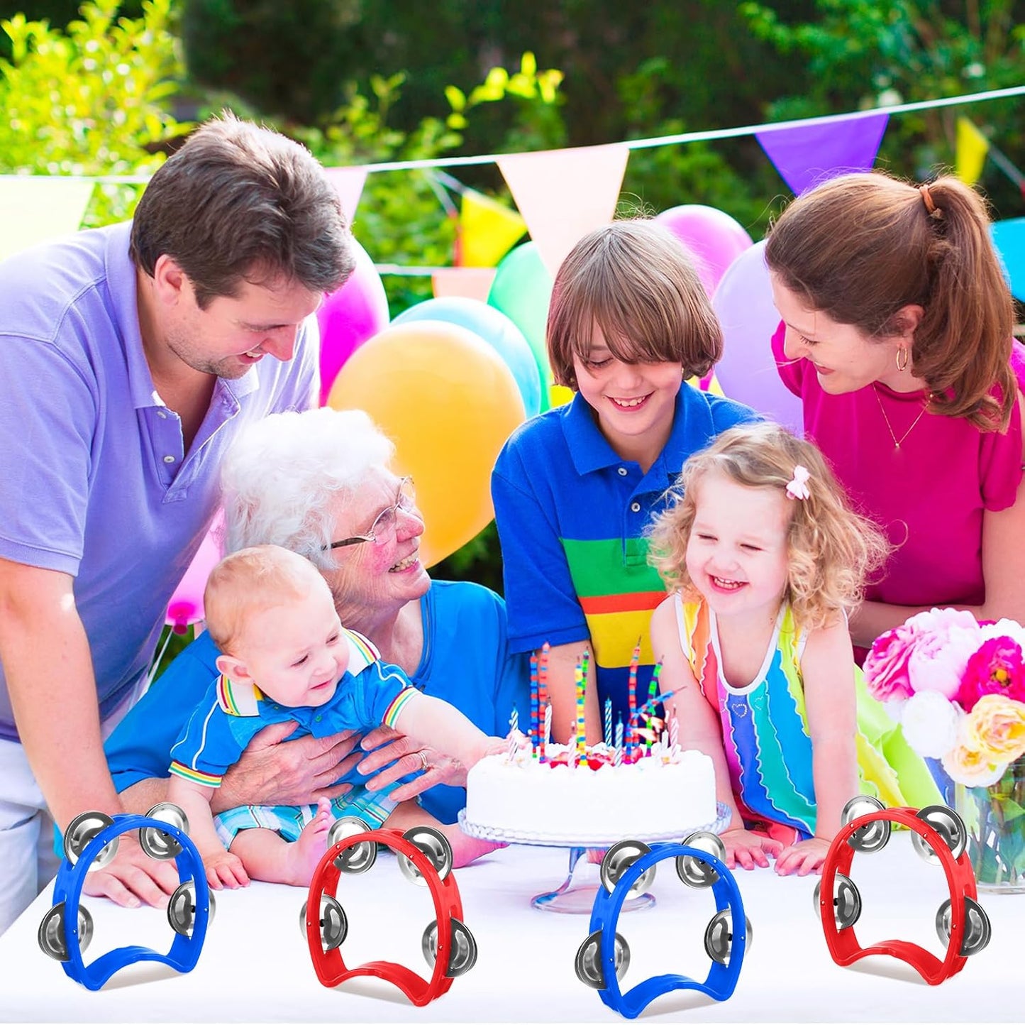 Yeshone 30 Pack Tambourine for Kids Adult Tamborines Musical Instrument Noise Makers 4 Bells Handheld Tambourines for Back to School Supplies Church Wedding Operation Christmas(Red and Blue)