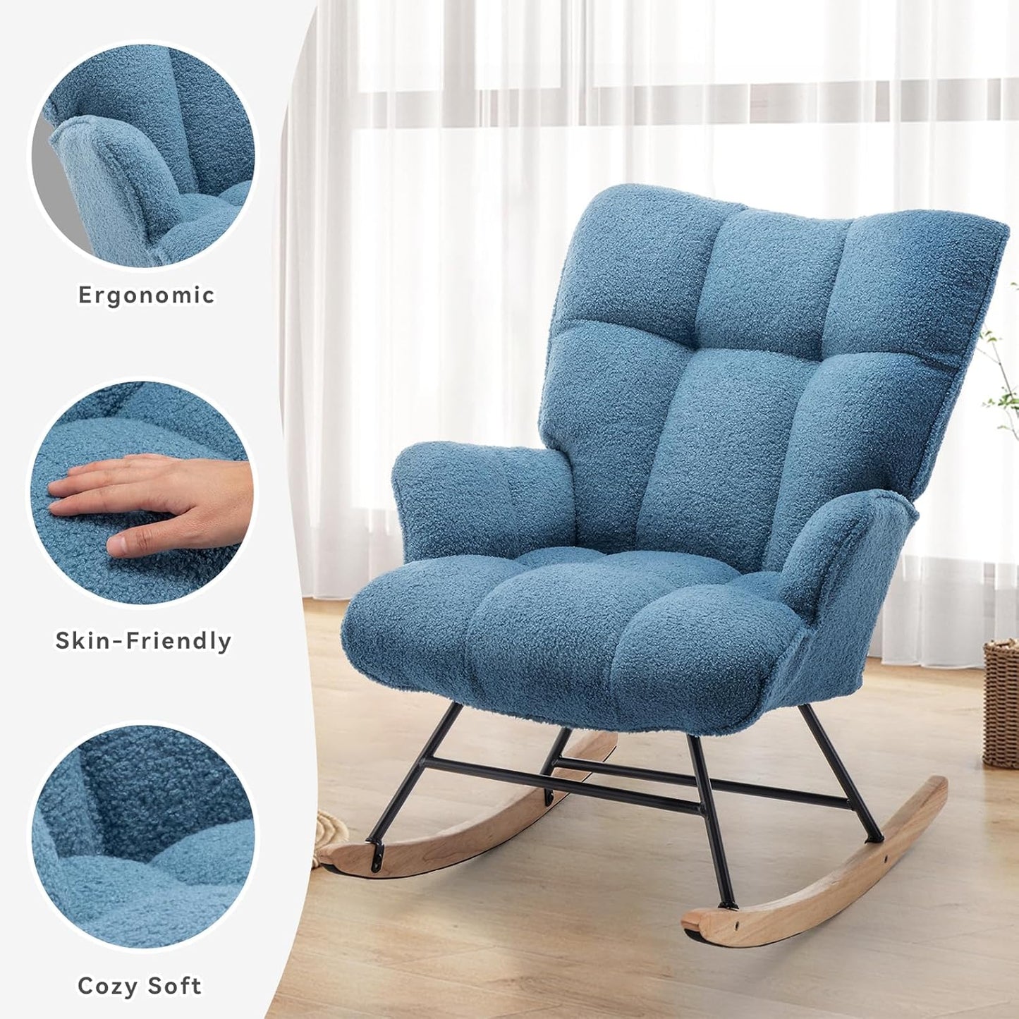 Rocking Chair Nursery Teddy Upholstered Glider Rocker Rocking Accent Chair Padded Seat with High Backrest Armchair Comfy Side Chair for Living Room Bedroom Offices (LightBlue Teddy)